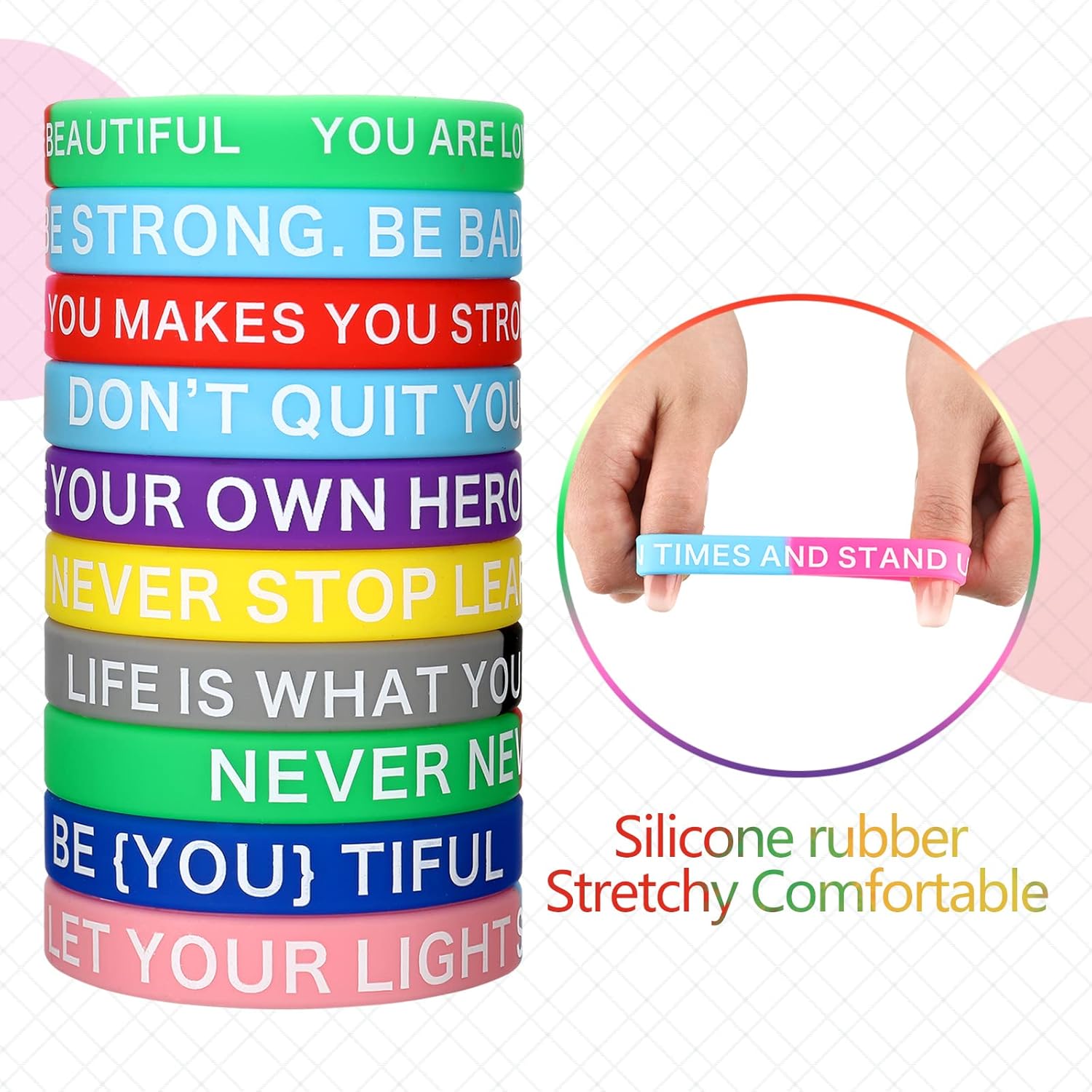 Sumind 100 Pcs Motivational Rubber Bracelet Bulk Class Silicone Inspirational Bracelet Gift for Students Classmates Quote Colored Stretch Wristband for Student, 20 Style(Stylish Colors)