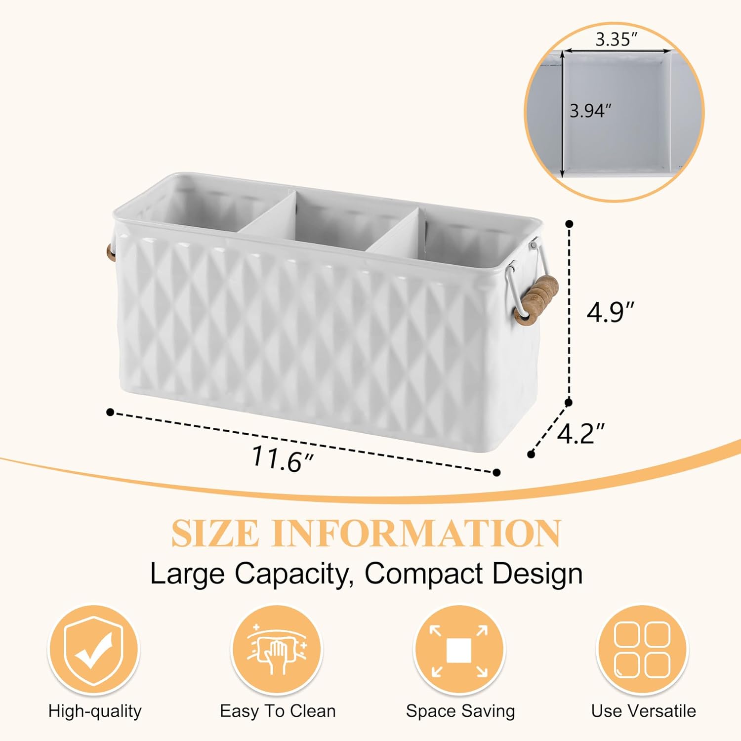 Silverware Caddy for Party Kitchen Flatware Holder for Countertop Metal White Diamond Pattern Embossed Cutlery Organizer with 3 Compartments for Utensils, Spoons, Knives, Forks, Cups,