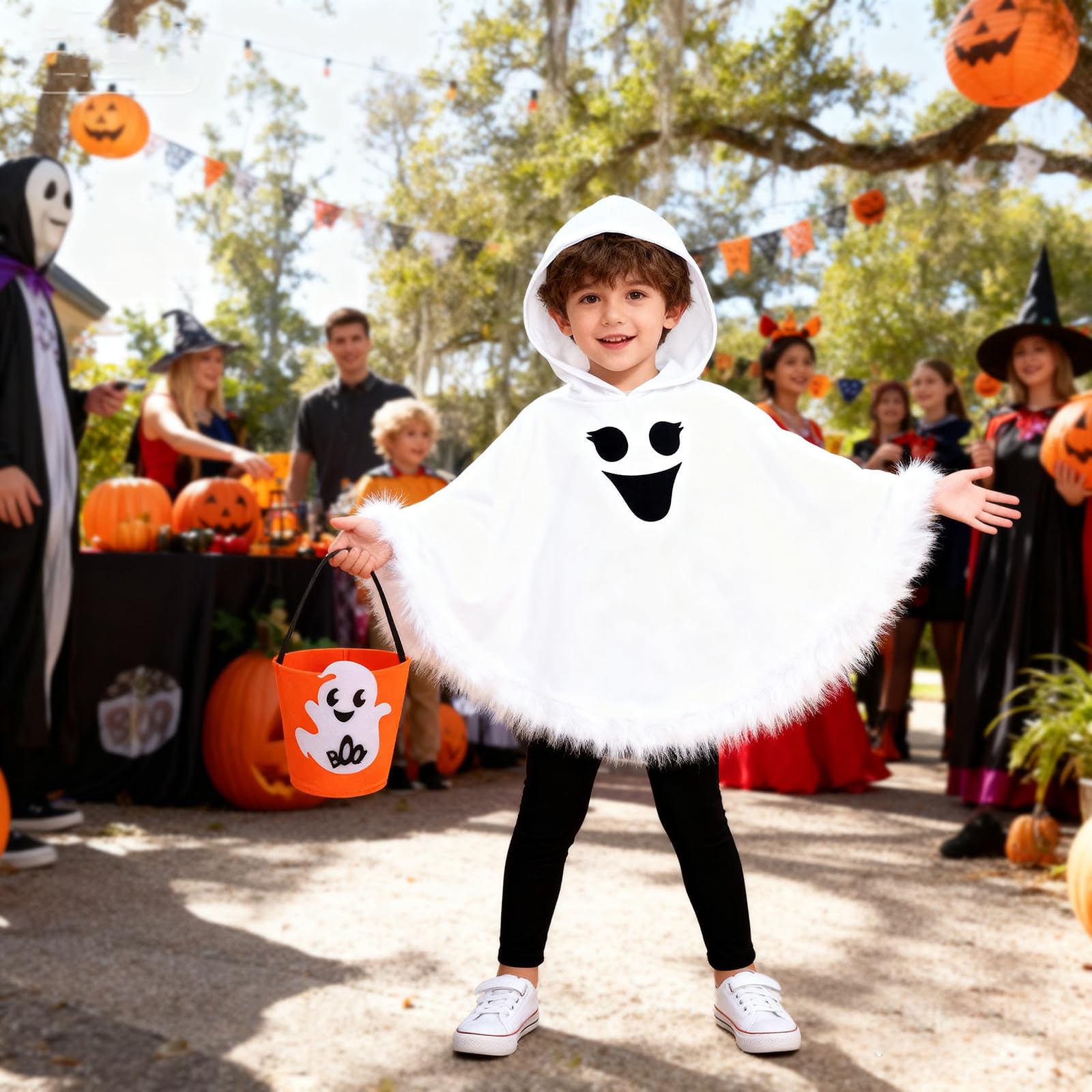 Toddler Baby Boys Girls Ghost Costume Kids Halloween Ghost Face Hooded Cloak Costume Party Boo Ghost Outfit for ages 5-6 Years,White Cloak+Pants+Pumpkin Basket Set - Image 4