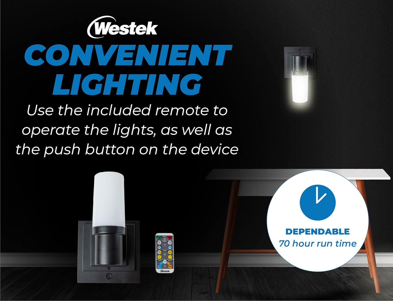 Westek Battery Operated Wall Sconce with Remote, 2 Pack Plastic Wireless Battery Wall Light, Easy No Wire Install 160 Lumens, 4 Hour Auto Shut-Off Matte Black Finish