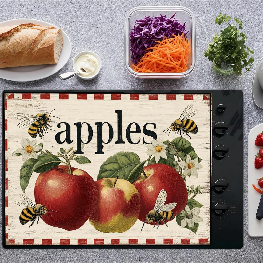 Stove Top Cover 28.35 x 20.47 Inch Apple Bee Design Decorative Kitchen Stove Cover Countertop Protector with Vintage Orchard Artwork for Classic Home Décor and Fresh Cooking Space Styling