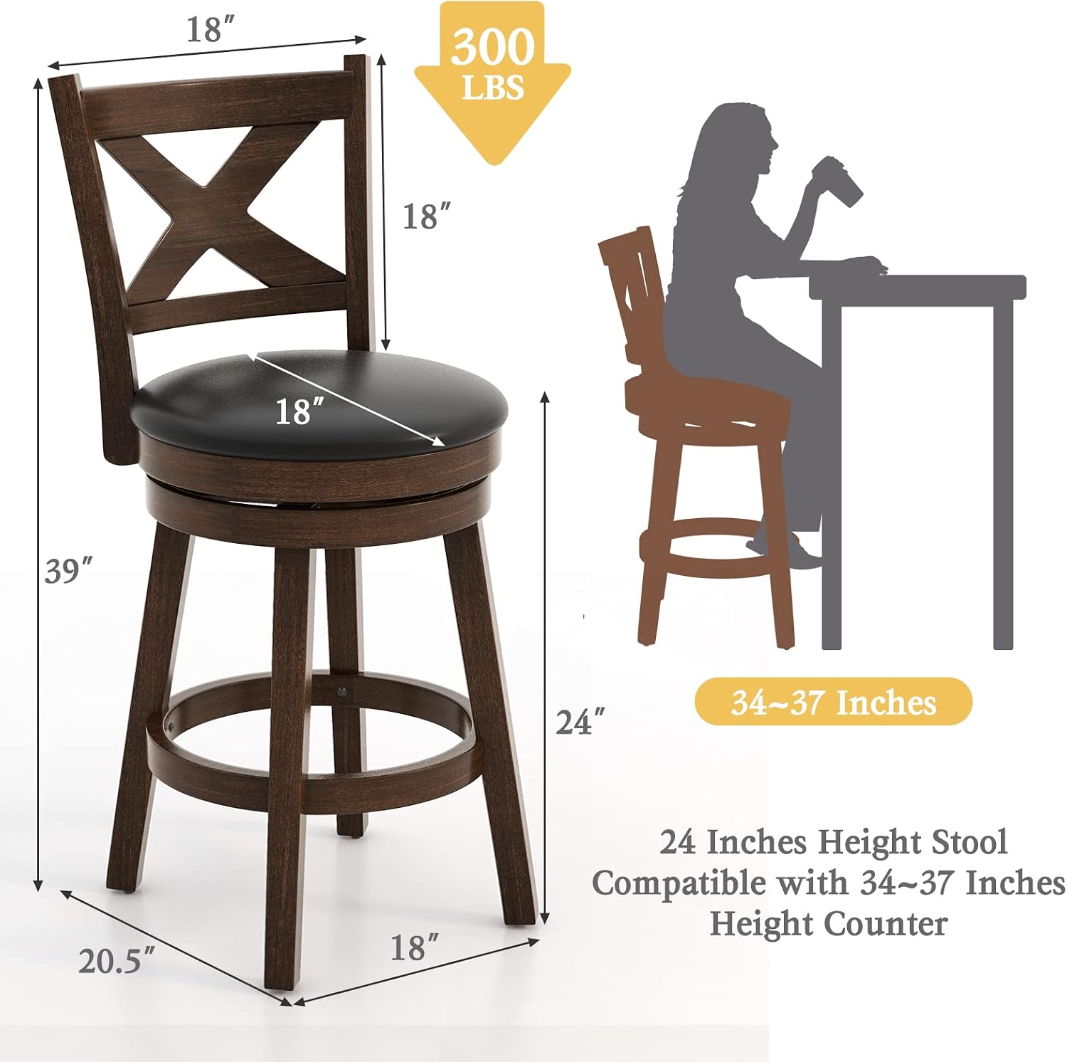 ERGOMASTER Dark Brown Swivel Bar Stools Counter Height Barstool 24 Inches Seat Height Bar Chair （Set of 2）