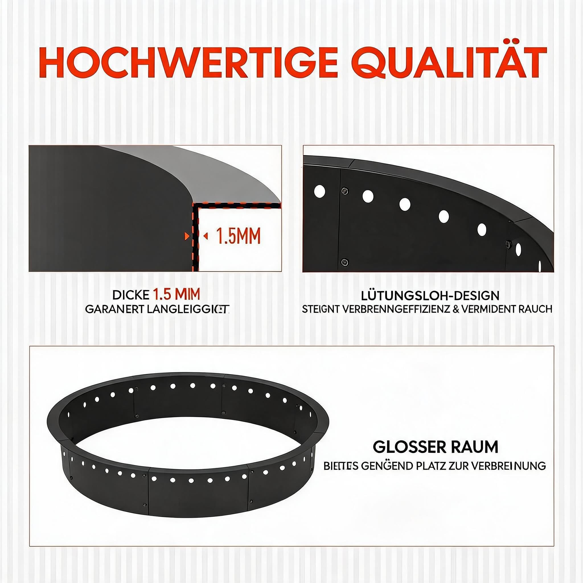 Aptliton Feuerring 91cm ø – Rauchfreie Feuerstelle Einsatz, Massiver Stahl Mit Rostschutzbeschichtung, 8-Teiliger Feuerstellenring, Schwarz