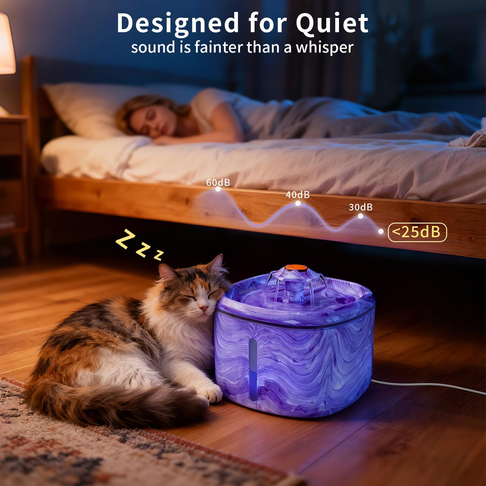 Fuente de agua para gatos morada: fuente de agua automática para mascotas para gatos de interior, 84 onzas/2.5 L, bonita fuente para gatos para beber, luz azul LED, bomba ultra silenciosa mejorada