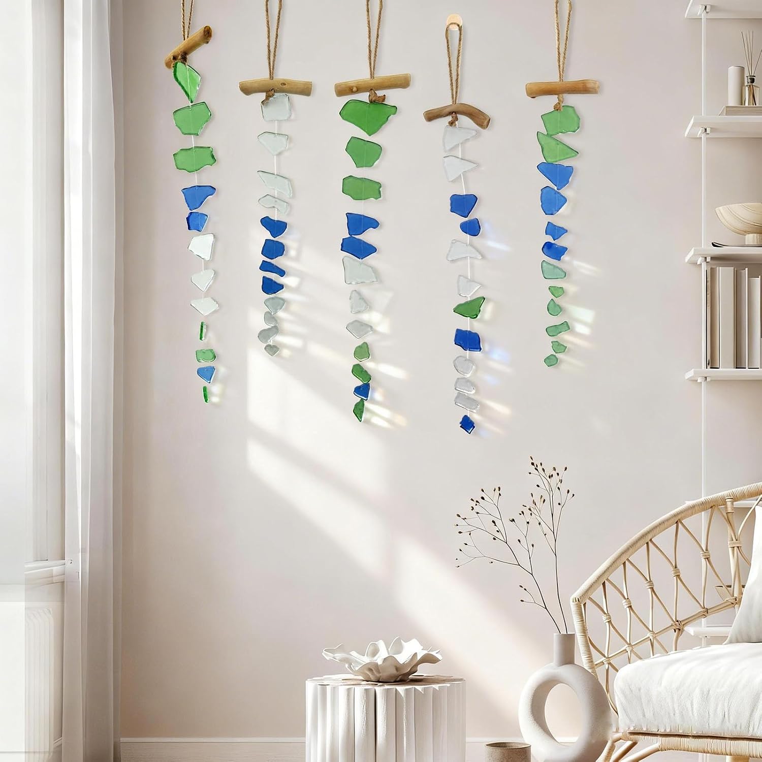 SNAIL GARDEN 5 Pieces Sea Glass Wind Chimes, Handmade Style Ocean Wind Chimes for Outside, Sea Glass Decor for Garden, Beach House Decor, Indoor Home Patio Hanging Ornament