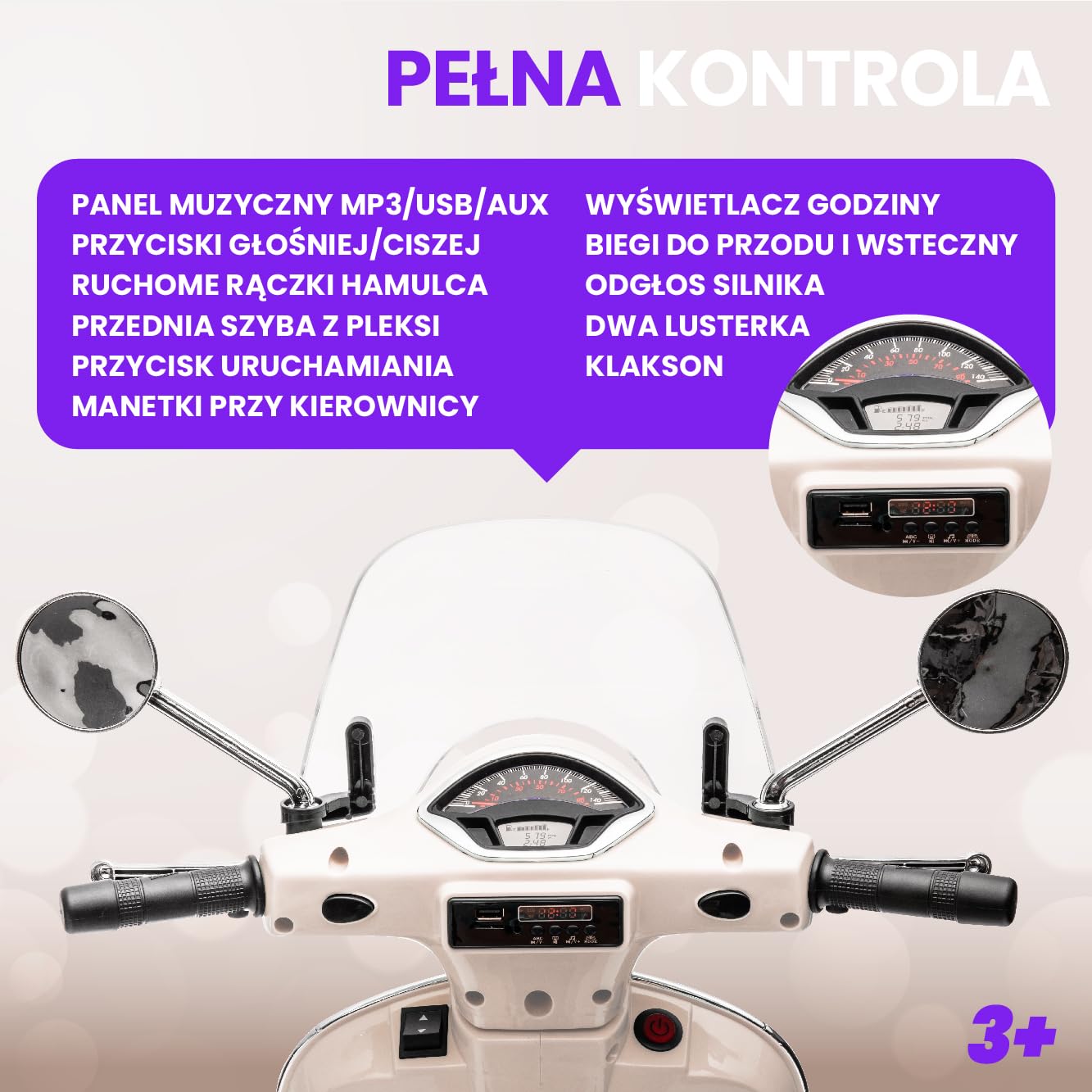 VESPA Elektryczny skuter dla dzieci, jeździk od 3 roku życia, plastikowe koła i siedzisko, kuferek, odtwarzacz MP3, gniazdo USD MicroSD AUX (Biały)