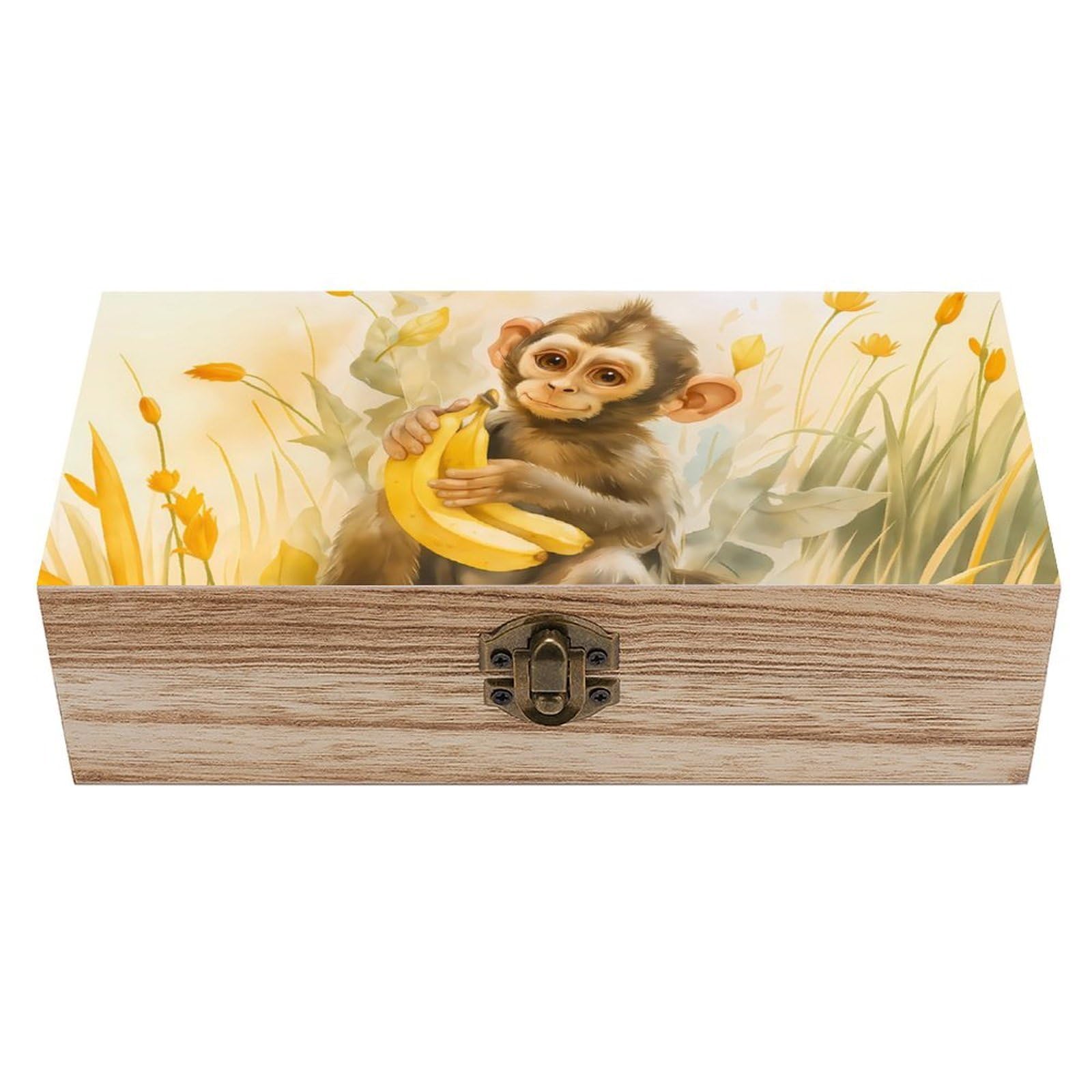 Oudrspo Serene Monkey Holding Banana Retro Wooden Storage Box Keepsake Jewelry Decorative Art Storages Box Gift Boxs