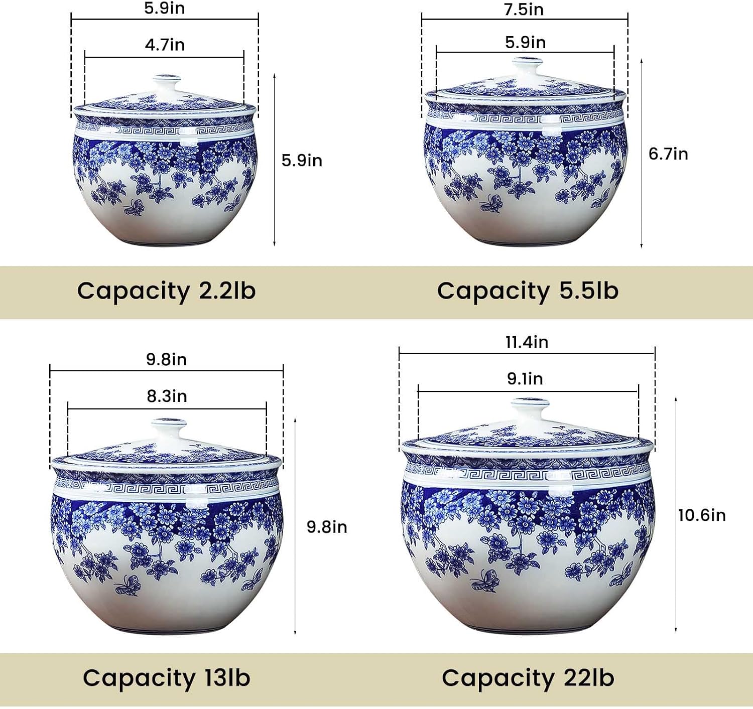 Large Ceramic Jar For Rice Ceramic Rice Bucket With Lid Rice Jar Storage Containe 2.2lb 5.5lb 13lb 22lb Large-Capacity Ceramic Food Bucket Rice Storage Box For Flour Food Families Hotels Kitchens(Capa