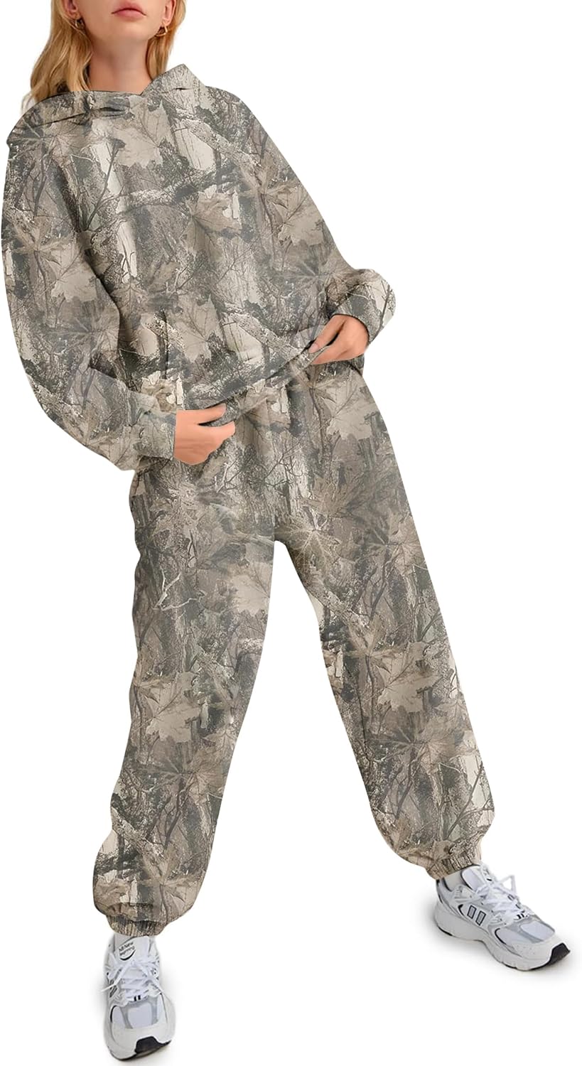 Camo Sweat Set Women Oversized 2 Piece Maple Leaf Sweatsuits Fleece Camouflage Tracksuits 2025 Trendy Fall Outfits