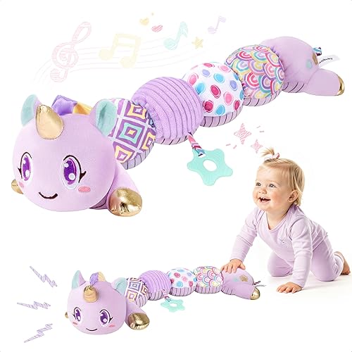 Juguetes de unicornio para bebés de 6 a 12 meses, juguetes musicales para recién nacidos, juguetes sensoriales para bebés con arrugado y sonajero de