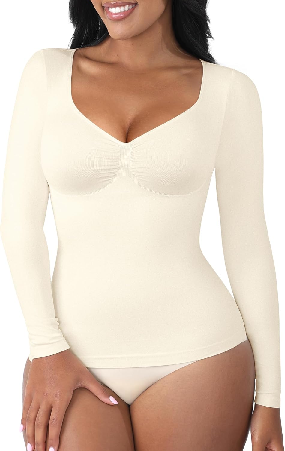 FeelinGirl Womens Shapewear Tummy Control Tops: Long Sleeve Compression Shirts for Women Slimming Body Shaper V Neck Shirt