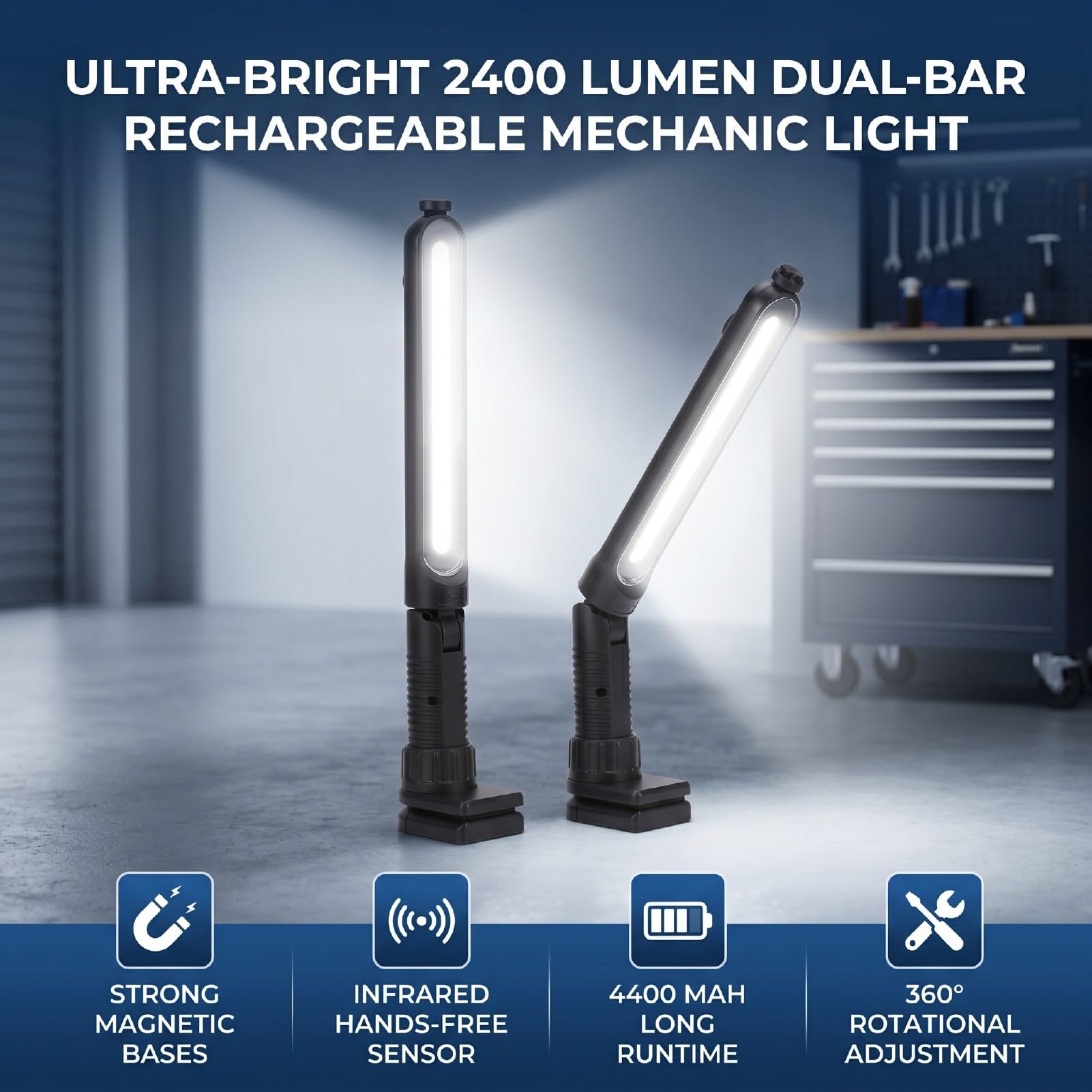 GOWENIC Barra Luminosa da Lavoro Pieghevole Magnetica 2400LM Lampada da Meccanico a LED Ricaricabile con Sensore a Infrarossi Batteria da 4400 MAh per Lavori di Emergenza in Garage di Riparazione Auto