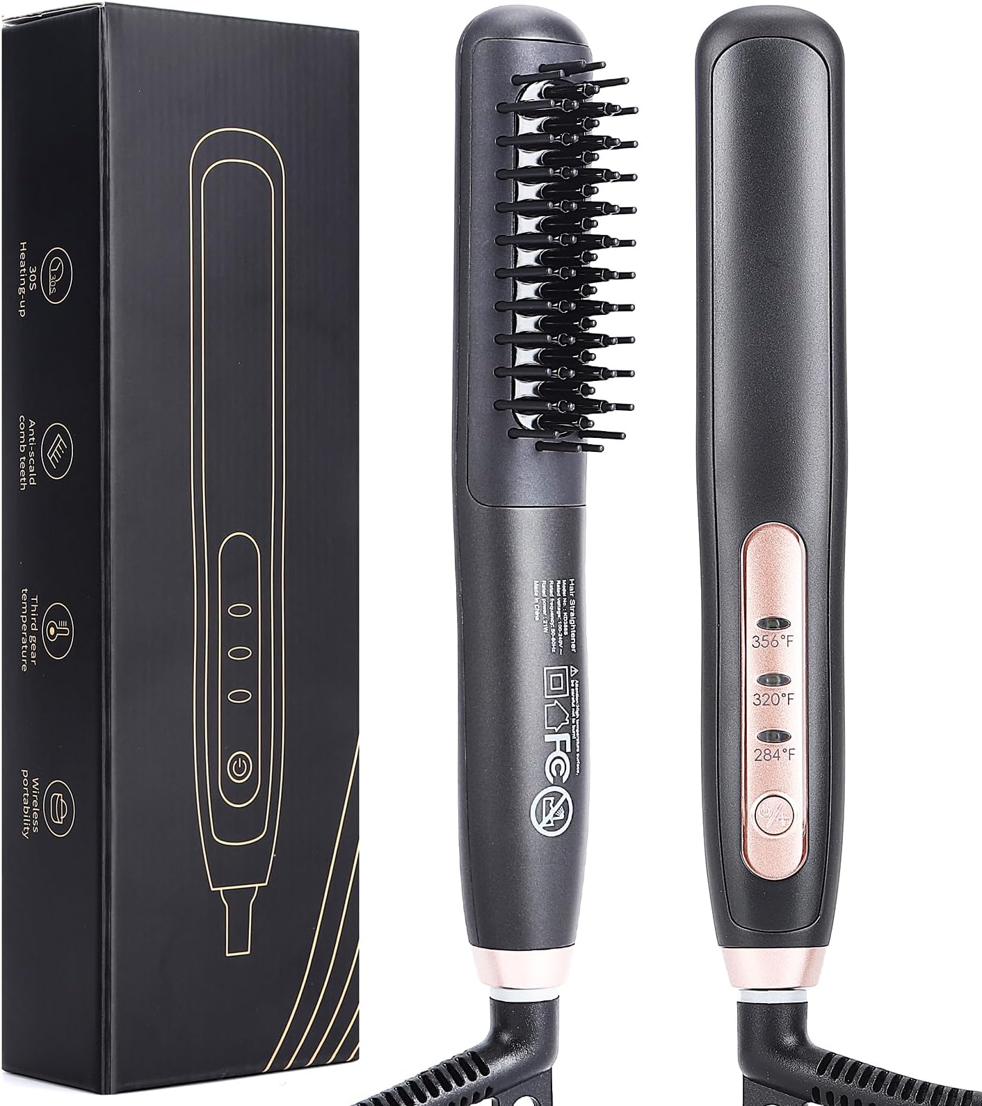Premium Heated Beard Straightener for Men - Dual Action Brush Kit for Medium to Long Beards - Grooming Gift With Tourmaline Ceramic Brush & Hot Comb - Portable, Ionic Technology (Black)