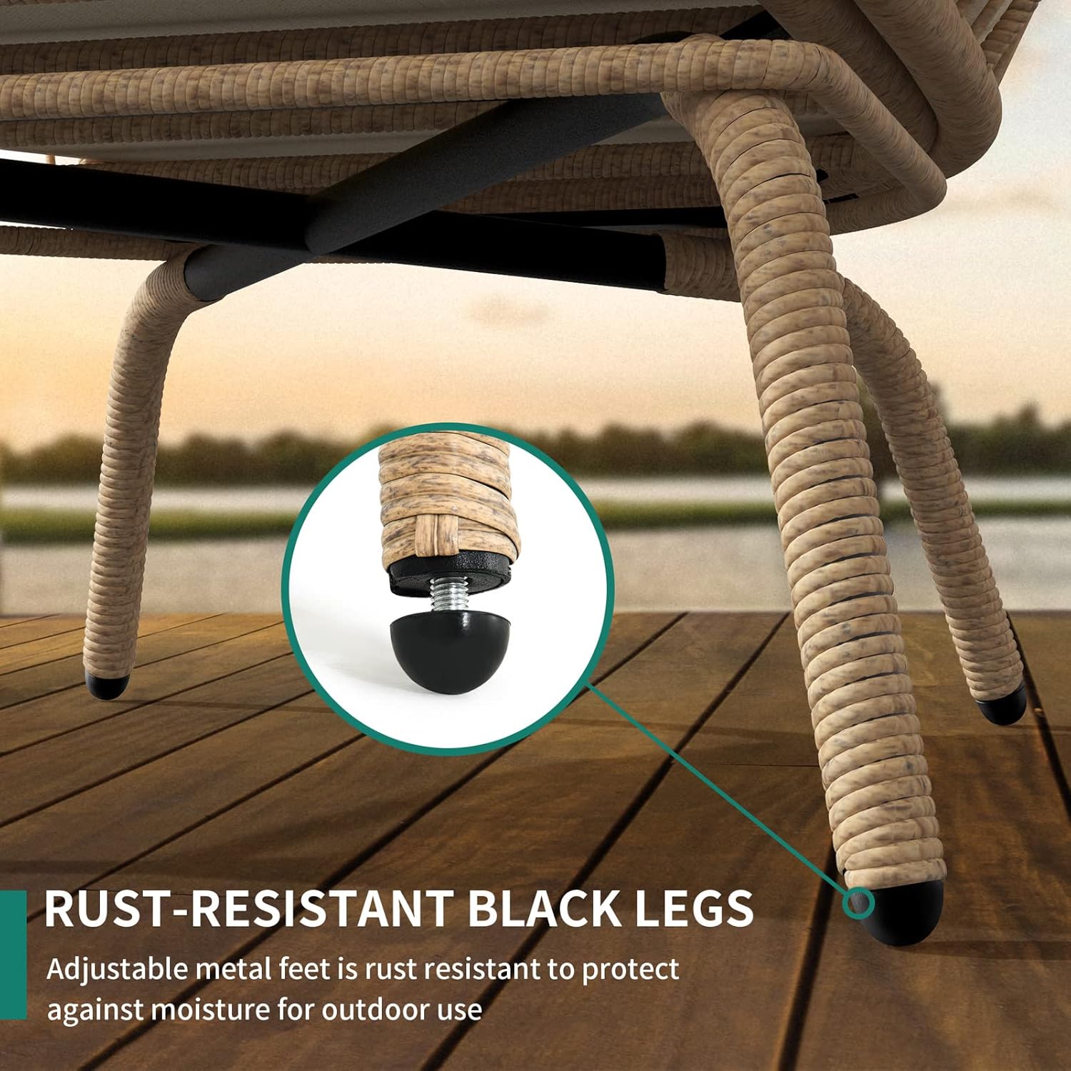 Close-up of the adjustable metal feet on the chair base