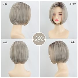 TISHINING Ombre Ash Blonde Short Bob Wigs for White Women 10 Inch Side Part Chin Length Layered Bob Straight Hair Wig with Dark Roots Heat Resistant Synthetic Natural Looking Wigs for Daily Party Use
