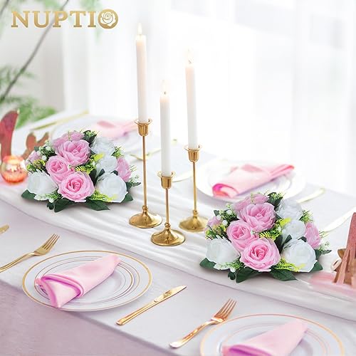 Miniatura 2 de NUPTIO Centros de mesa de flores para mesas de boda: arreglo de 6 piezas de flores artificiales rosas y blancas para bodas y fiestas - Rosas Rosa y