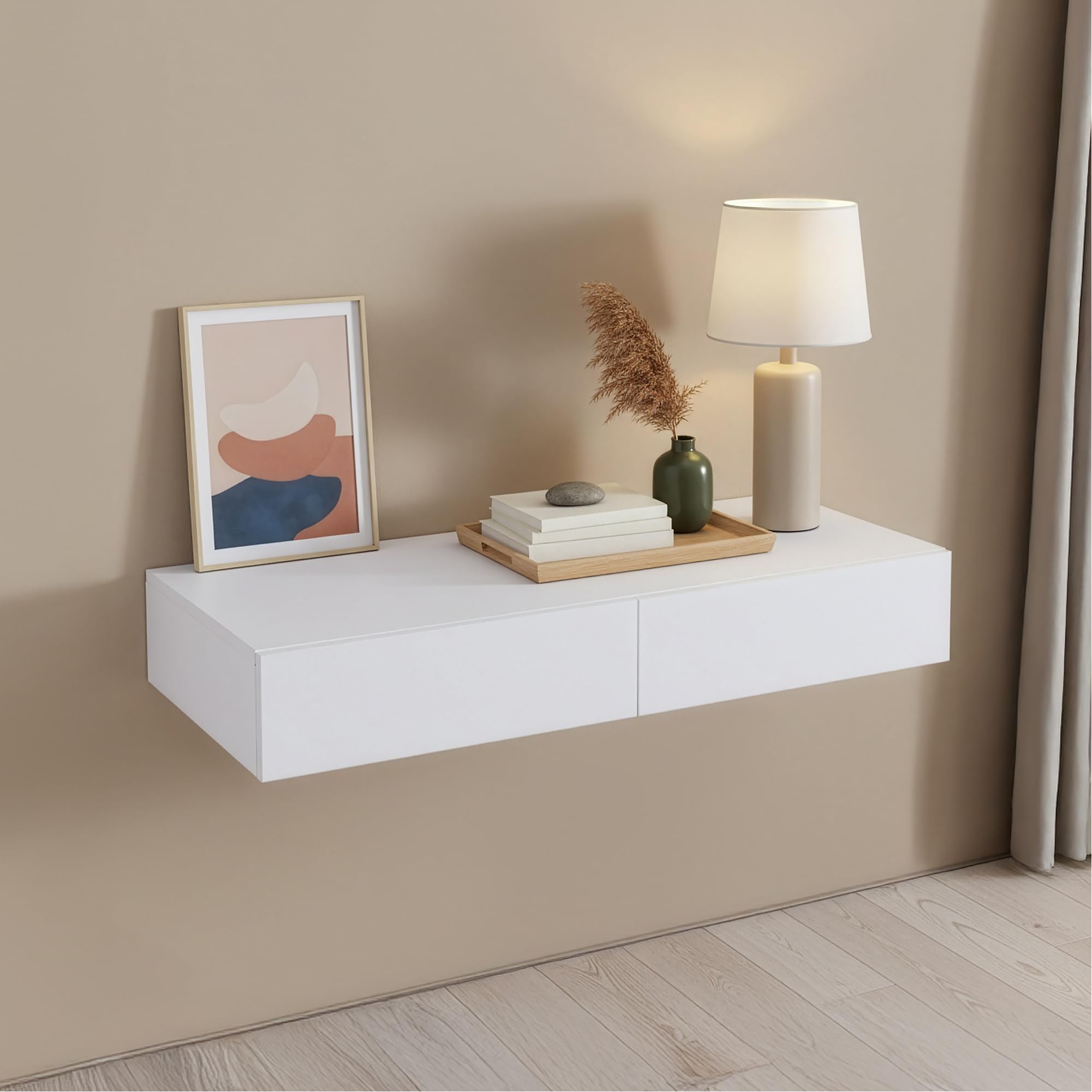 Wandregal Karstula: hängender Nachttisch mit zwei Schubladen (80 x 35 x 12 cm) in Weiß