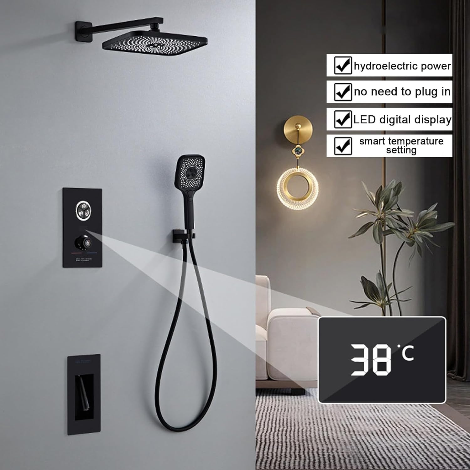 Rain Shower System, Black Bathroom Shower Faucet Set Digital Display Shower Fixtures 3 Functions Shower Kit with Valve and 3 Modes Handheld Shower Head, Swivel Faucet