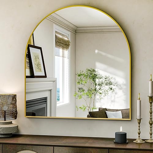 Miniatura 9 de Espejo de baño arqueado, espejo de baño dorado de 38 x 26 pulgadas para pared, espejo enmarcado de aleación de aluminio, espejo de tocador de baño