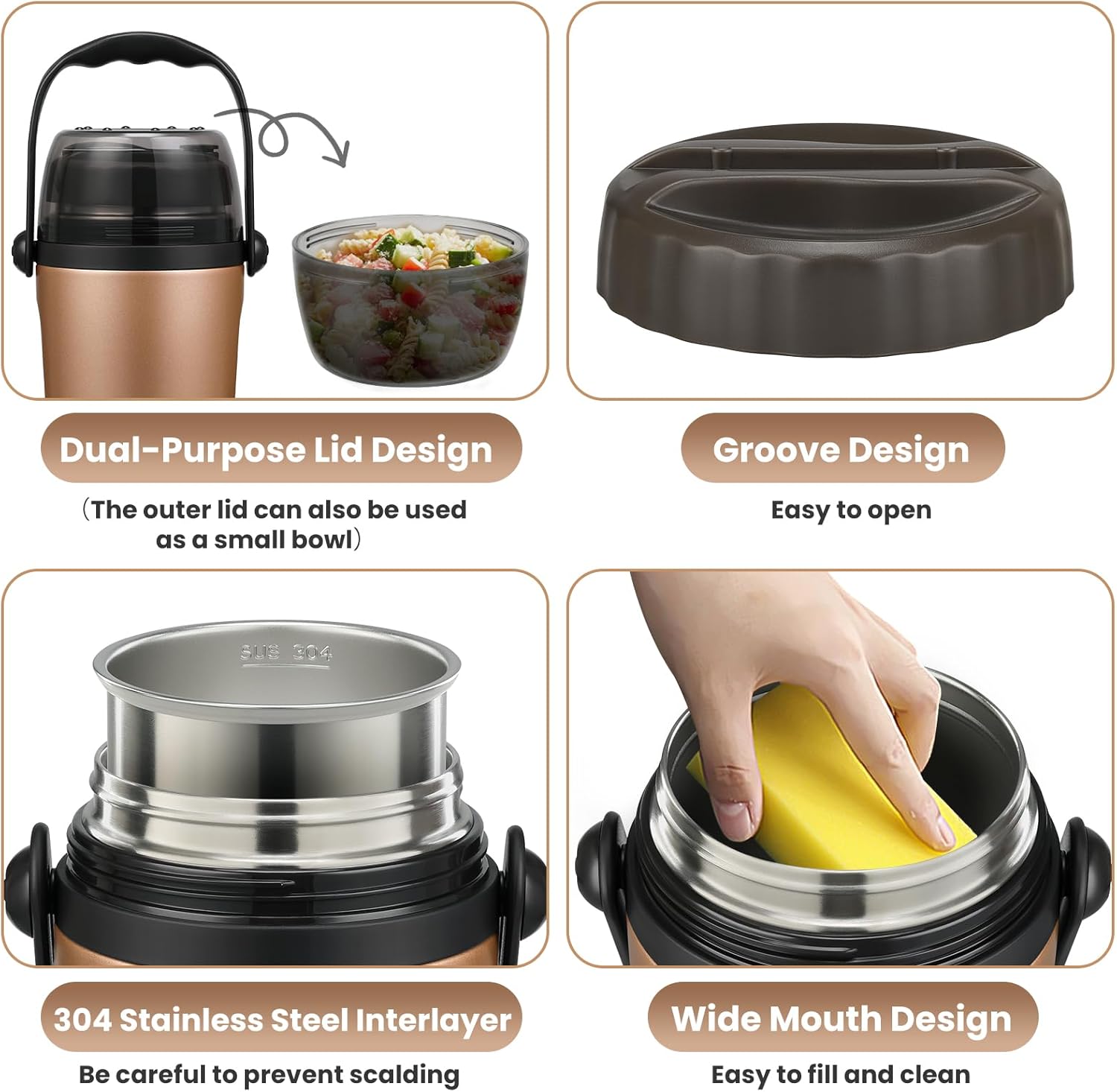 Soup Thermo for Hot Food Adults & Kids 32oz Lunch Containers Wide Mouth, Insulated Food Jar 100% Leak-Proof Double-Layer Stainless Steel Lunch Box with Spoon BPA Free (Golden)