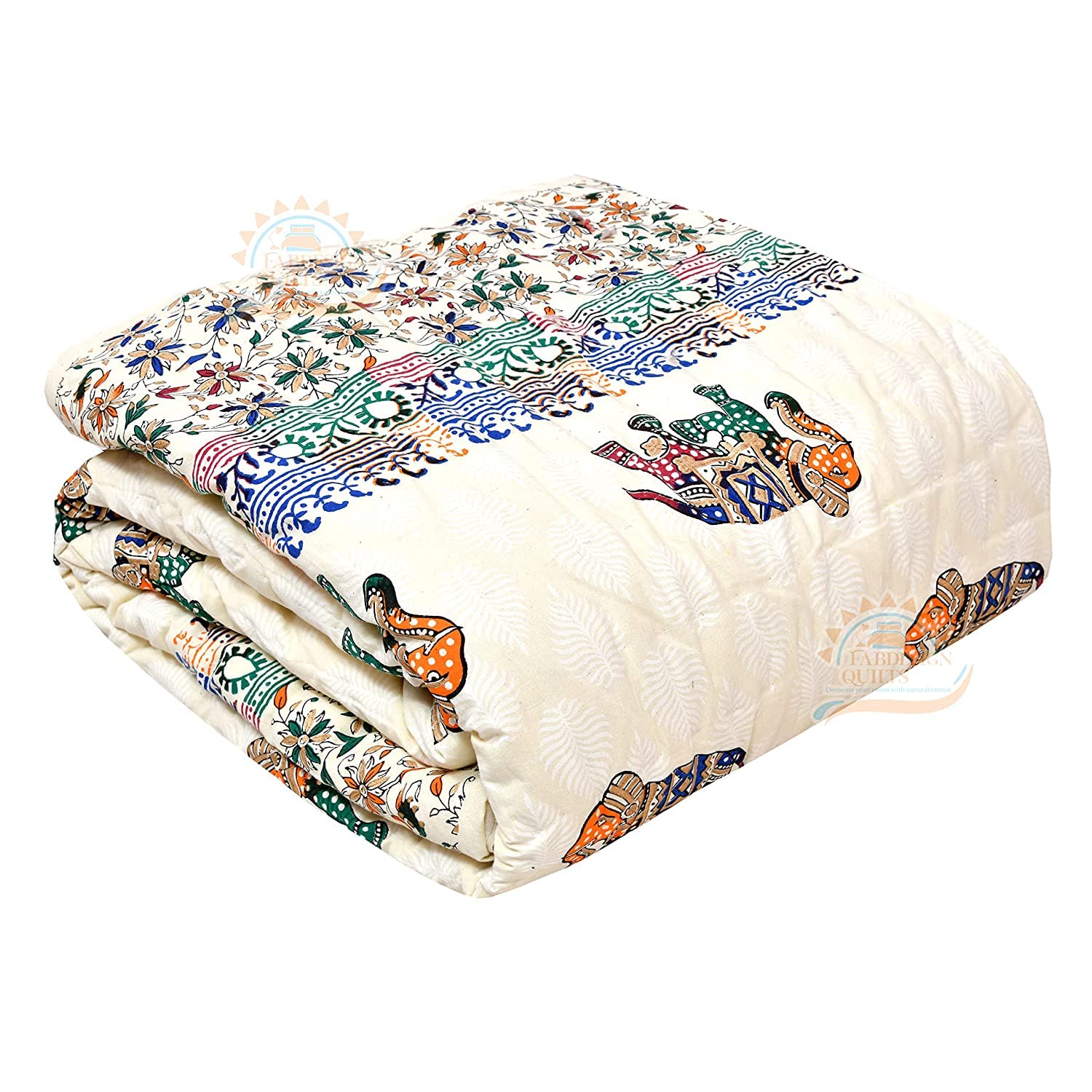 TC - 400 HOPEE Shop Pure Cotton Traditional Jaipuri Design Printed Light Weight Double Bed Quilt/Razai/Rajai- Multicolor (90 X 105 Inches)-image-5