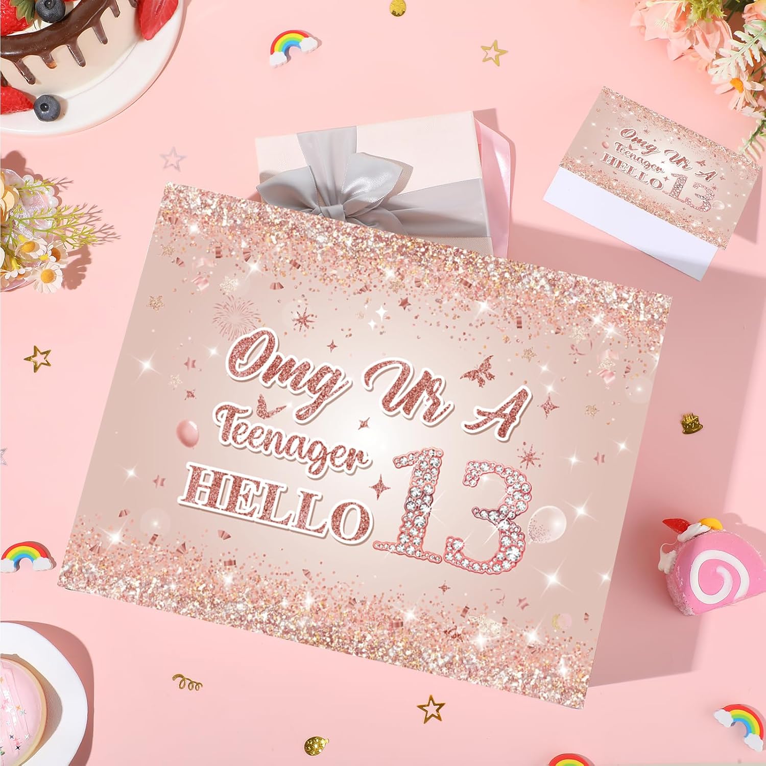 Sweet 13th Birthday Gift Bag for Teen Girls, Rose Gold Official Teenager Birthday Gift Bag with Greeting Card and Tissue Paper Pink OMG Ur A Teenager Wrapping Paper for Girls 13 Year Old Party Favors