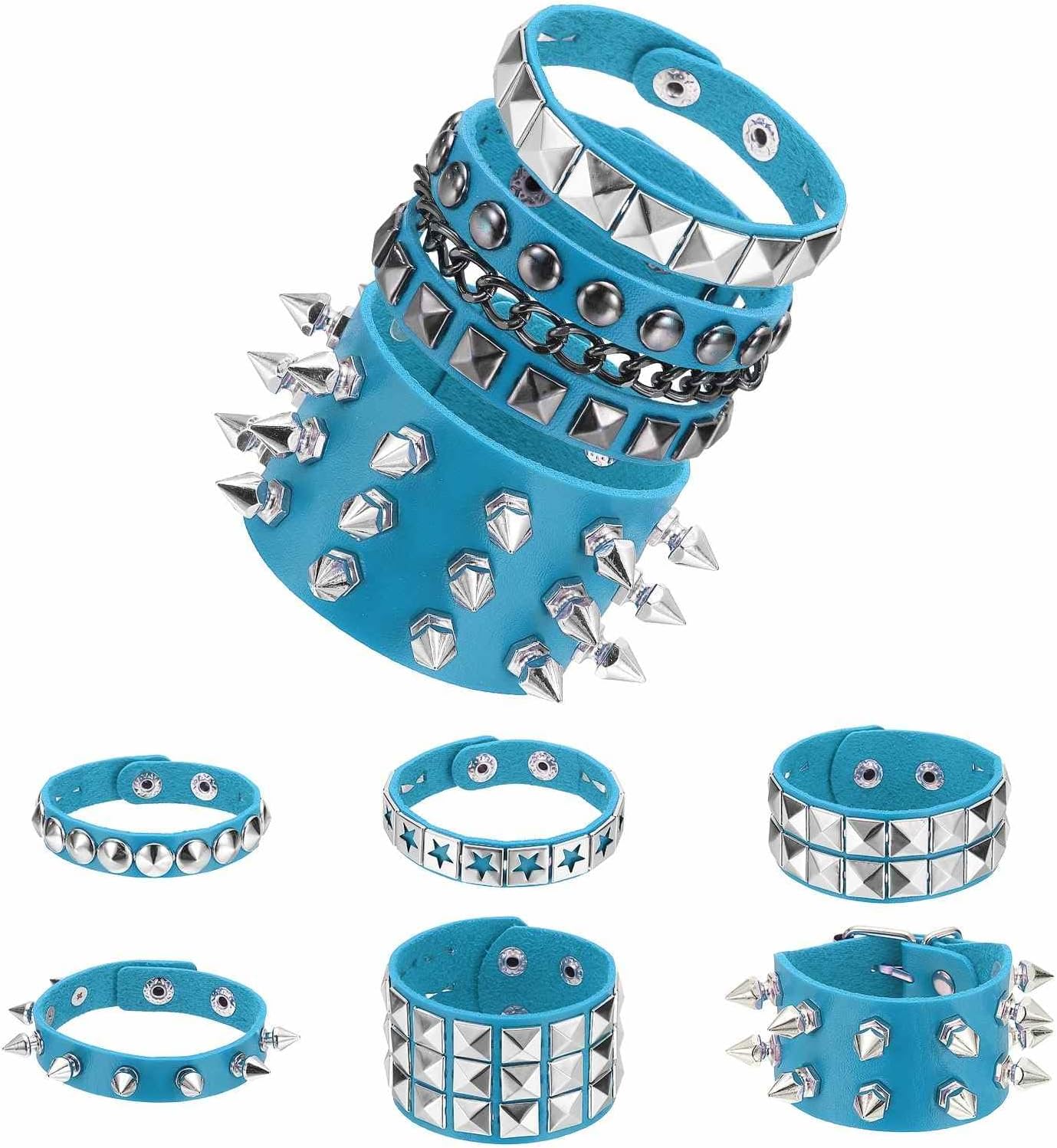 MECCANIXITY Rock Punk Studded Faux Leather Bracelet Set, Goth Spiked Cuff Wristband Adjustable Bracelets for Halloween Party Favors Emo Grunge Accessory