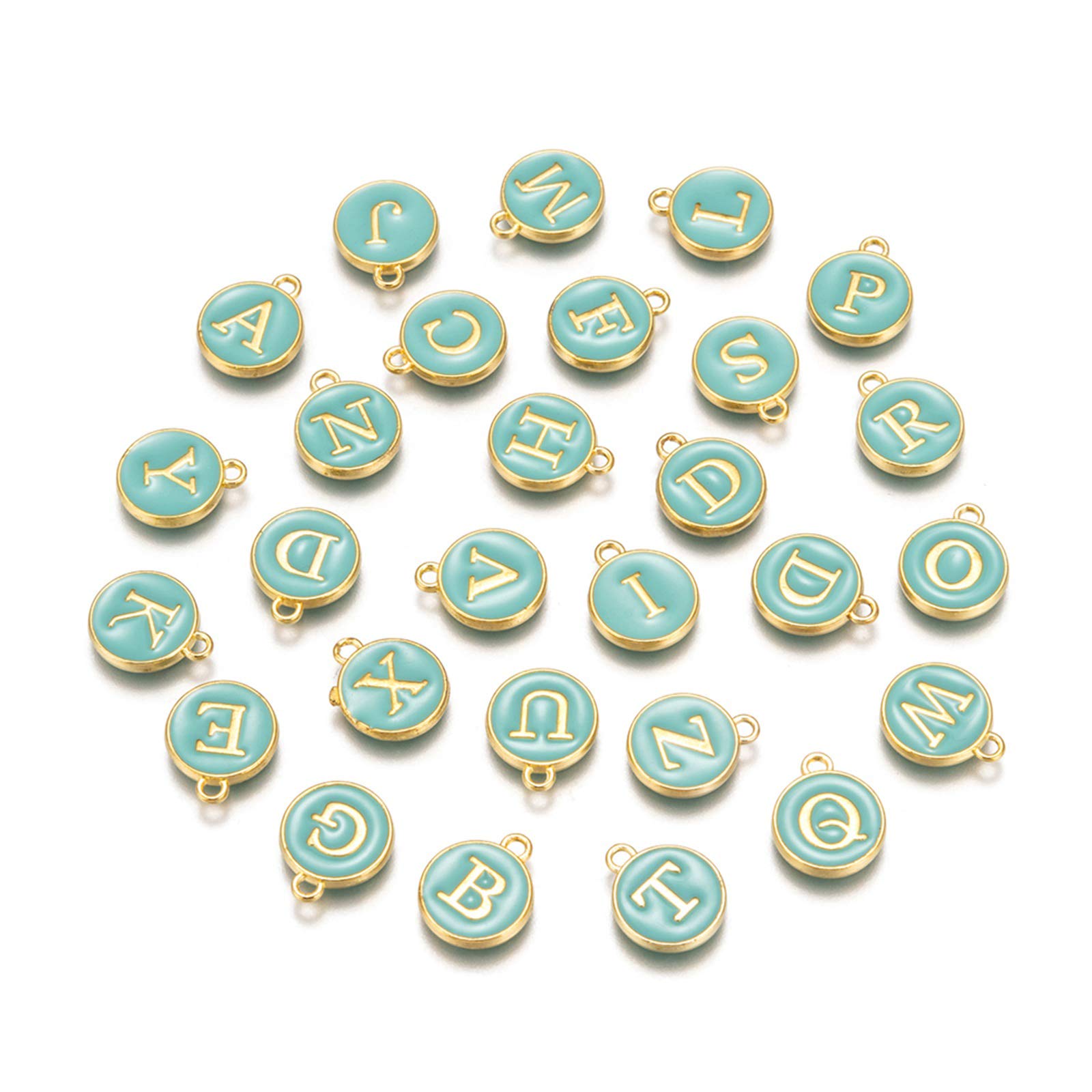 PandaHall 26pcs Enamel Alphabet Flat Round Charms Turquoise Initial Alphabet Pendants Double Sided Golden Plated Metal A-Z Letters Spacer Loose Beads for Necklace Bracelet Jewelry Making โ image 1