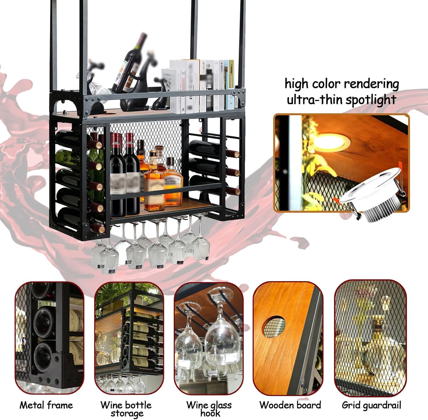 Botellero Colgante de Metal con luz LED, Soporte para Copas de Vino de Techo, Soporte rústico Industrial para Botellas de Vino de 2 Niveles, Soporte para Copas y Copas (100cm)