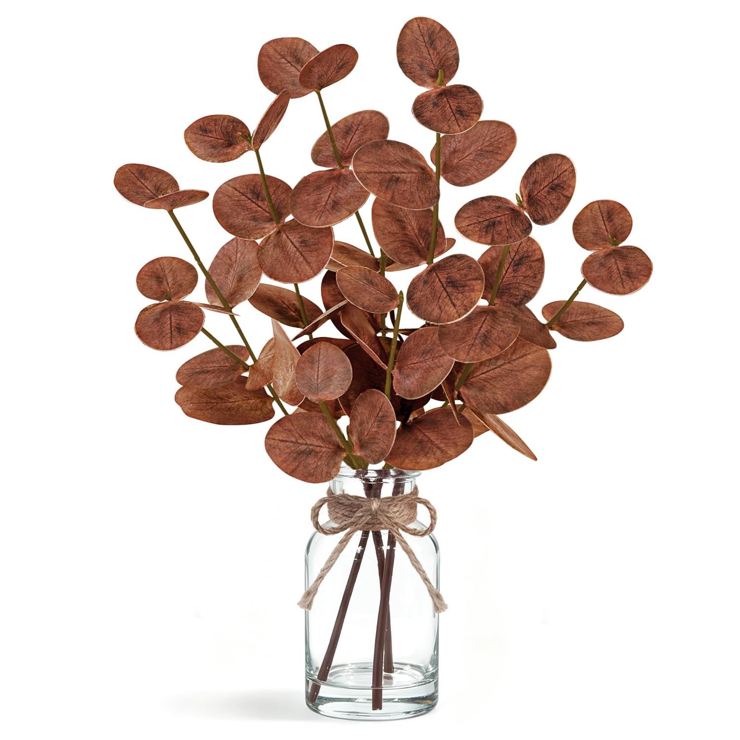 Artmag 40cm Autumn Artificial Eucalyptus Stems in Glass Vase with Faux Water Fall Branches Home Table Decor Fake Plants Stems Farmhouse Kitchen Bathroom Decorations (Dark Orange)