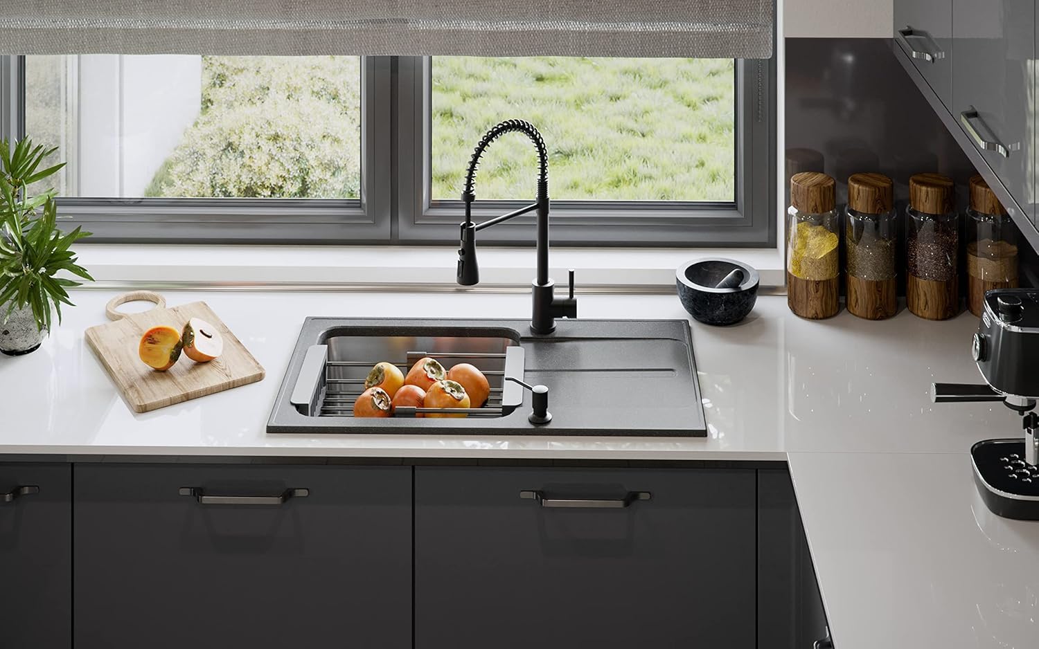 QUADRON fregadero gris | tamaño 78 x 43 cm | RALPH 111 fregadero de cocina de un seno con cubeta de acero | granito y acero inoxidable | con sifón y tapón de rosca | con escurridor