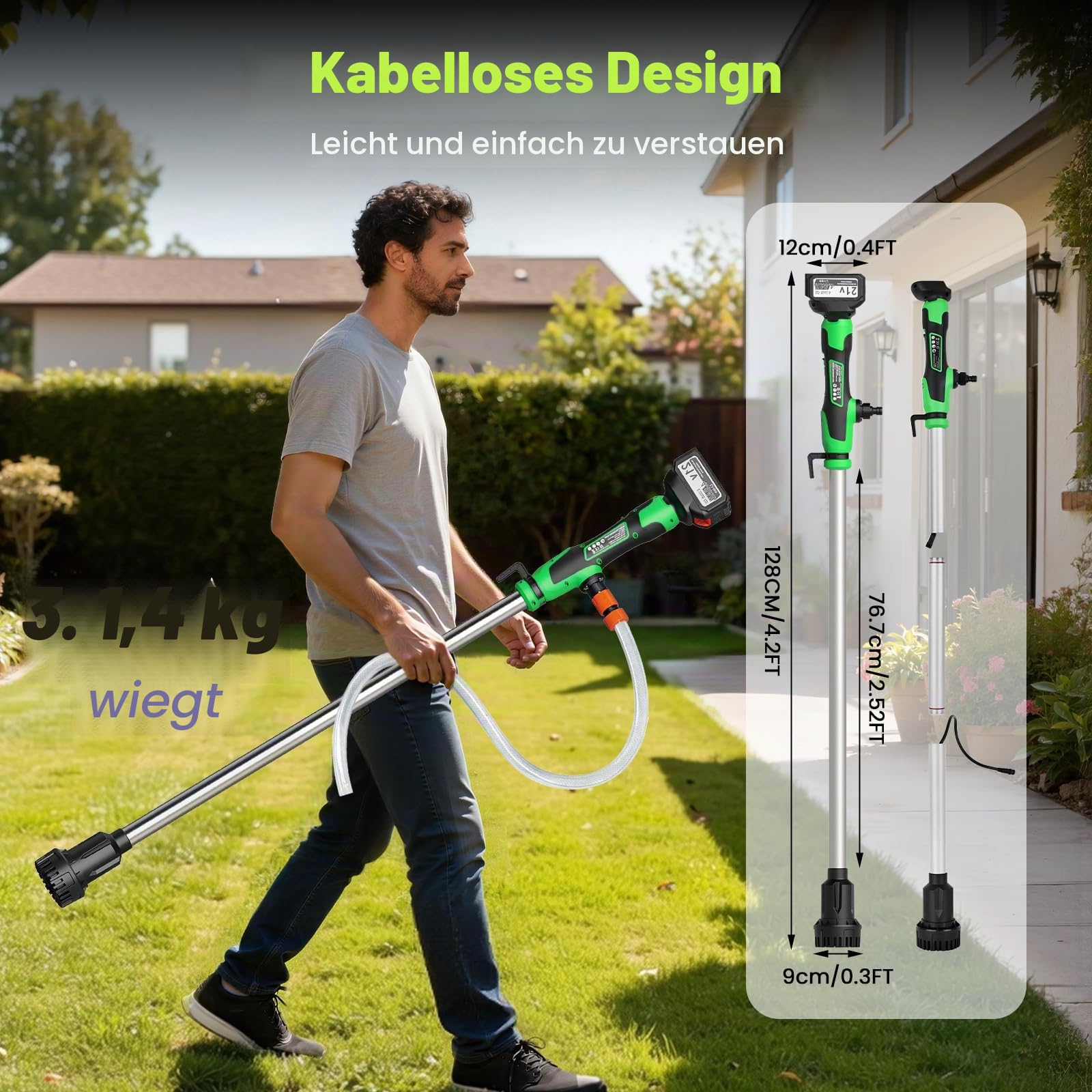 Akku Wasserpumpe, 18V Kabellose Stab-Transferpumpe für Wasser/Diesel, 2725 L/h Transferpumpe mit 4,0 Ah Akku, Stab-Wasserpumpe für Garten, Pool, Keller & Wohnmobil, Einfache Ein-Knopf-Bedienung
