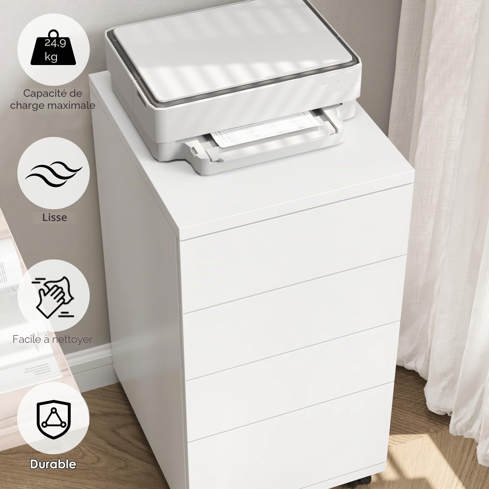 HOCSOK Caisson de Bureau 4 Tiroirs, Meuble de Rangement pour Dossier avec roulettes, Placard de Rangement Mobile (Blanc)
