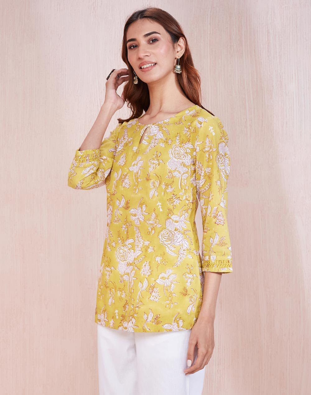 Fabindia Women's Cotton Printed Slim Kurta (1037318Yellow_Yellow