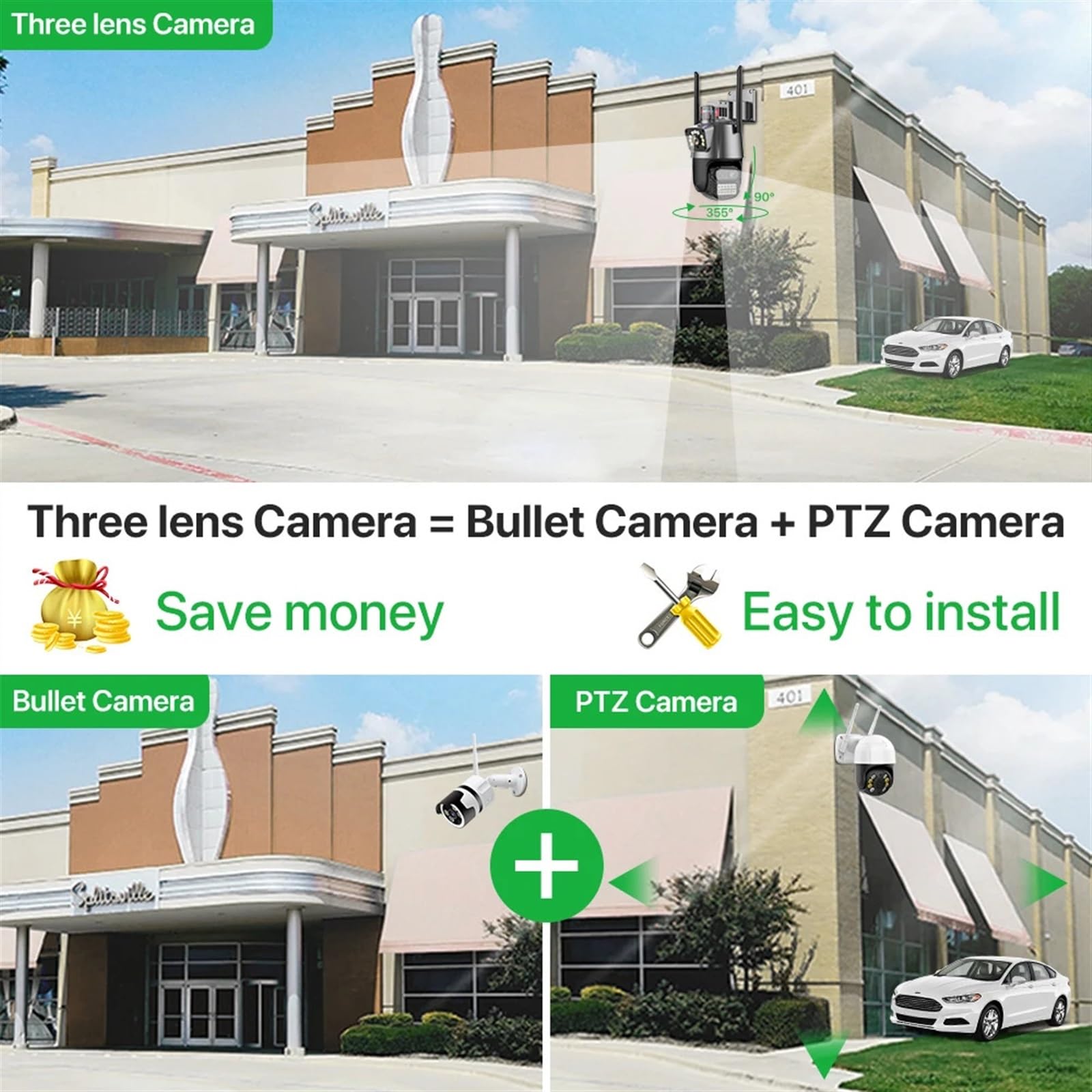 Kamera bezpieczeństwa, Kamera IP 4K 9MP HD na zewnątrz 8X Zoom trzy obiektywy podwójny ekran kamera PTZ 6MP światło policyjne alarmowy nadzór wideo(9MP Add 128G)
