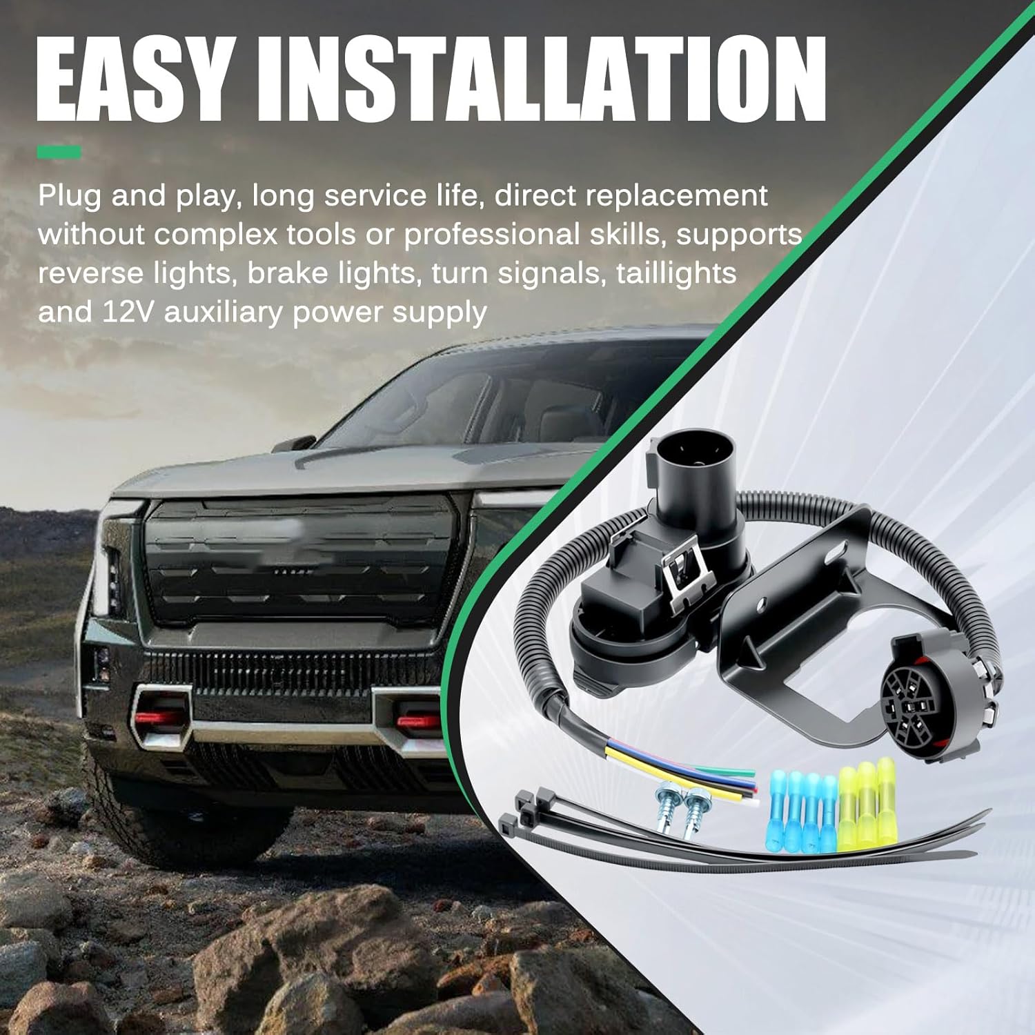 4/7 Pin Trailer Wiring Connector Kit Fit for Ford, Chevy Silverado for Mounting Bracket and USCAR Style 7-Way Pigtail Harness