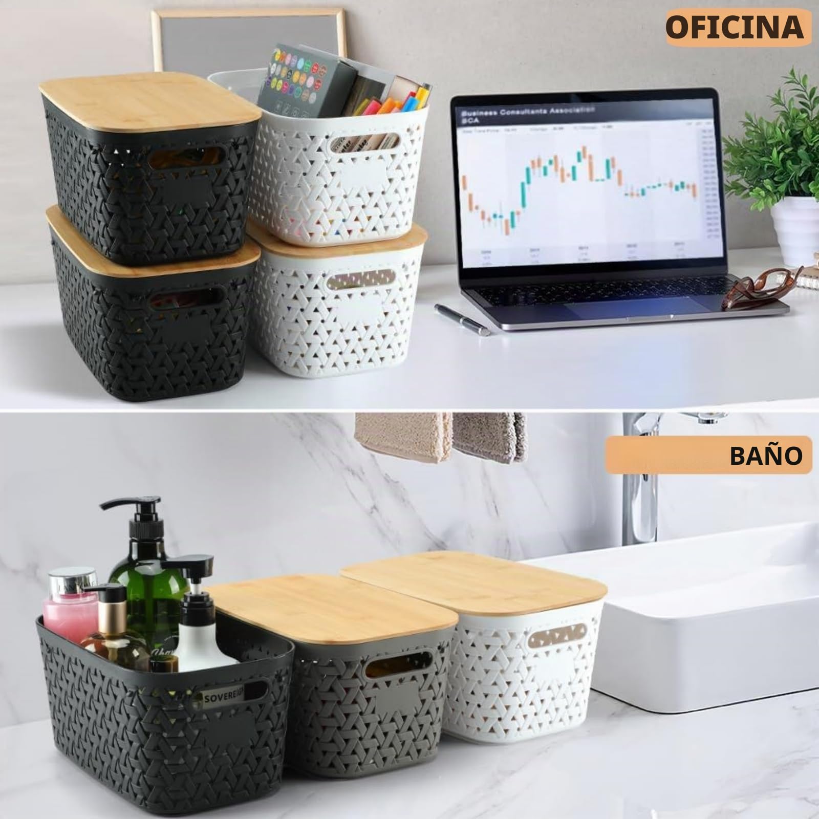 Sagittar Juego de 4 cajas de almacenamiento con tapa de bambú, cestas de almacenamiento de plástico, cestas de ratán de imitación, cajas de almacenamiento minimalistas para escritorios, mesas de café