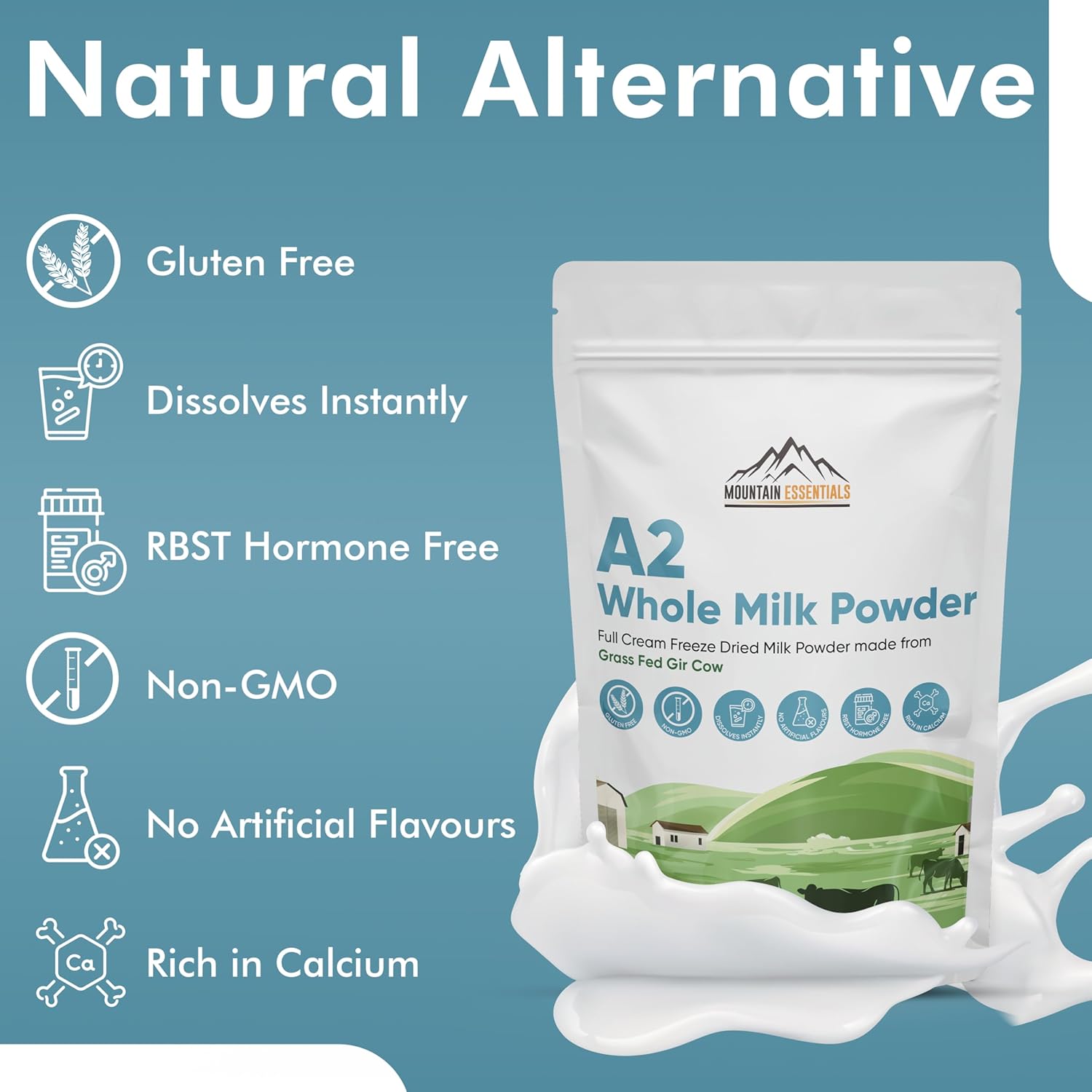 MOUNTAIN ESSENTIALS A2 Whole Milk Powdered Milk 8.8 Oz – Full Cream, Freeze Dried, Gluten Free, Shelf Stable, Non-GMO – Made From Grass-Fed Gir Cow – Easy To Digest – For Cooking & Baking