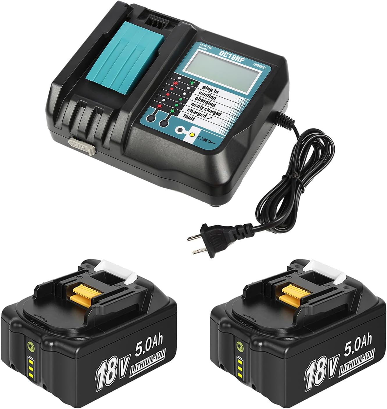 2 Pack 18V 5.0Ah Battery and Rapid Battery Charger with USB Port LCD Display Replace for Makita BL1850 BL1860 BL1840 Compatible with Makita 18V Power Tools