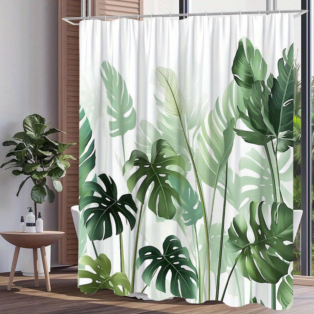 GLWDMB 1 Piece 180x180CM Tropical Green Monstera Leaves Pattern Printed Shower Curtain With Hook, Polyester Fabric, For Windows And Walls, Bathtub, Bathroom, Machine Washable, All Season Universal
