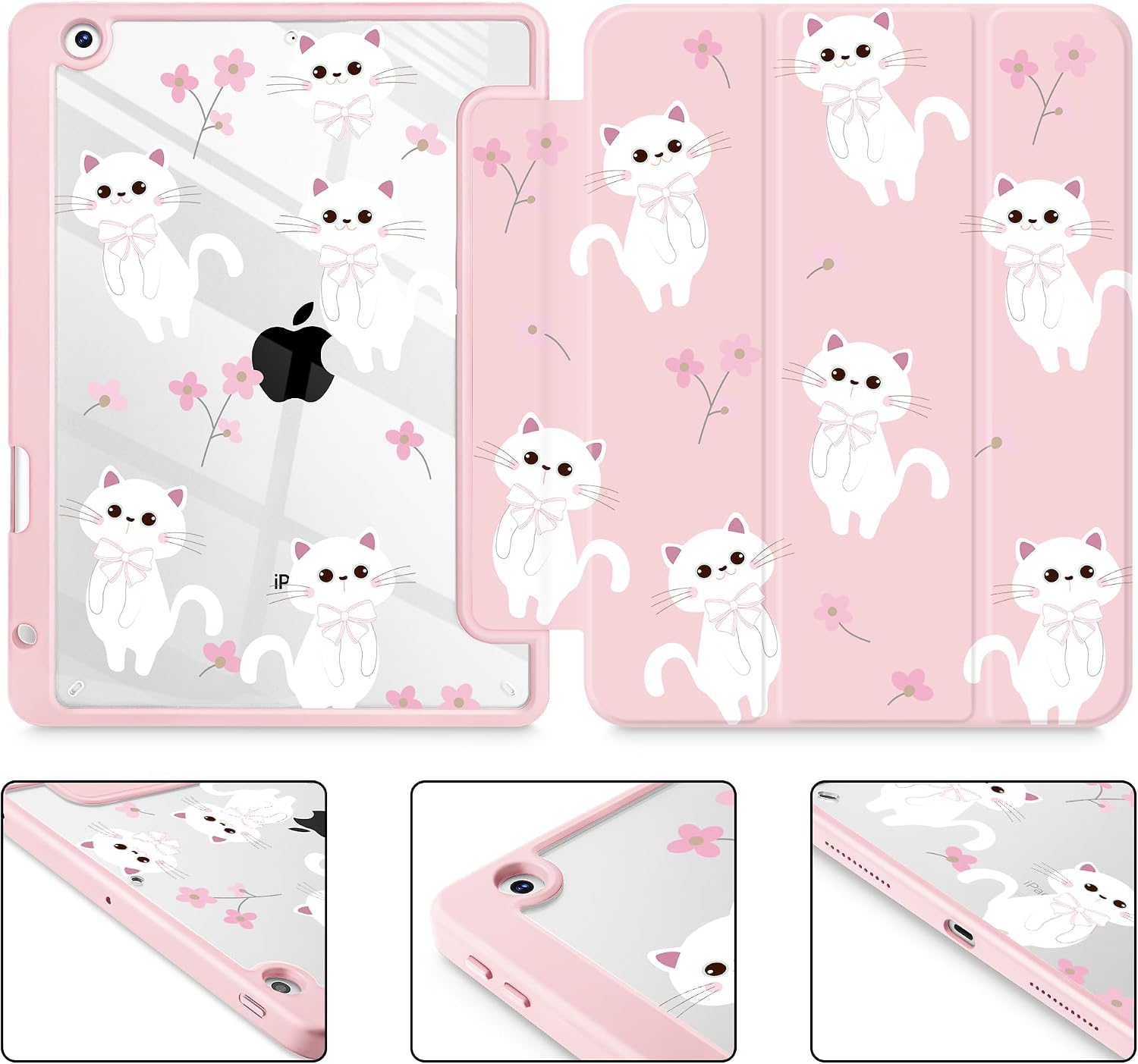 Tuiklol for iPad 10.2 case 2021 Gen 9th Release Built in Pencil Holder - Trifold Stand-Auto Wake/Sleep TPU Protection Stand Clear Back Cover for 2020 2019 [8th/7th] iPad 10.2 Case, Cat-Pink