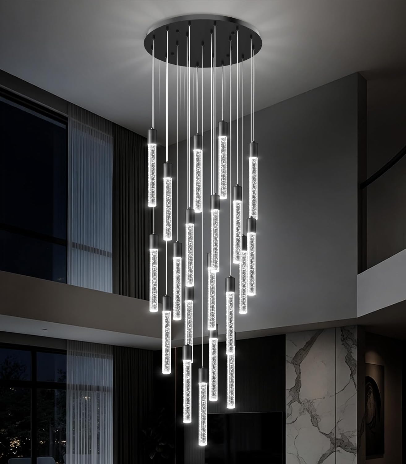High Ceiling Crystal Chandelier: 20 Light Dimmable LED Modern Spiral Staircase Pendant