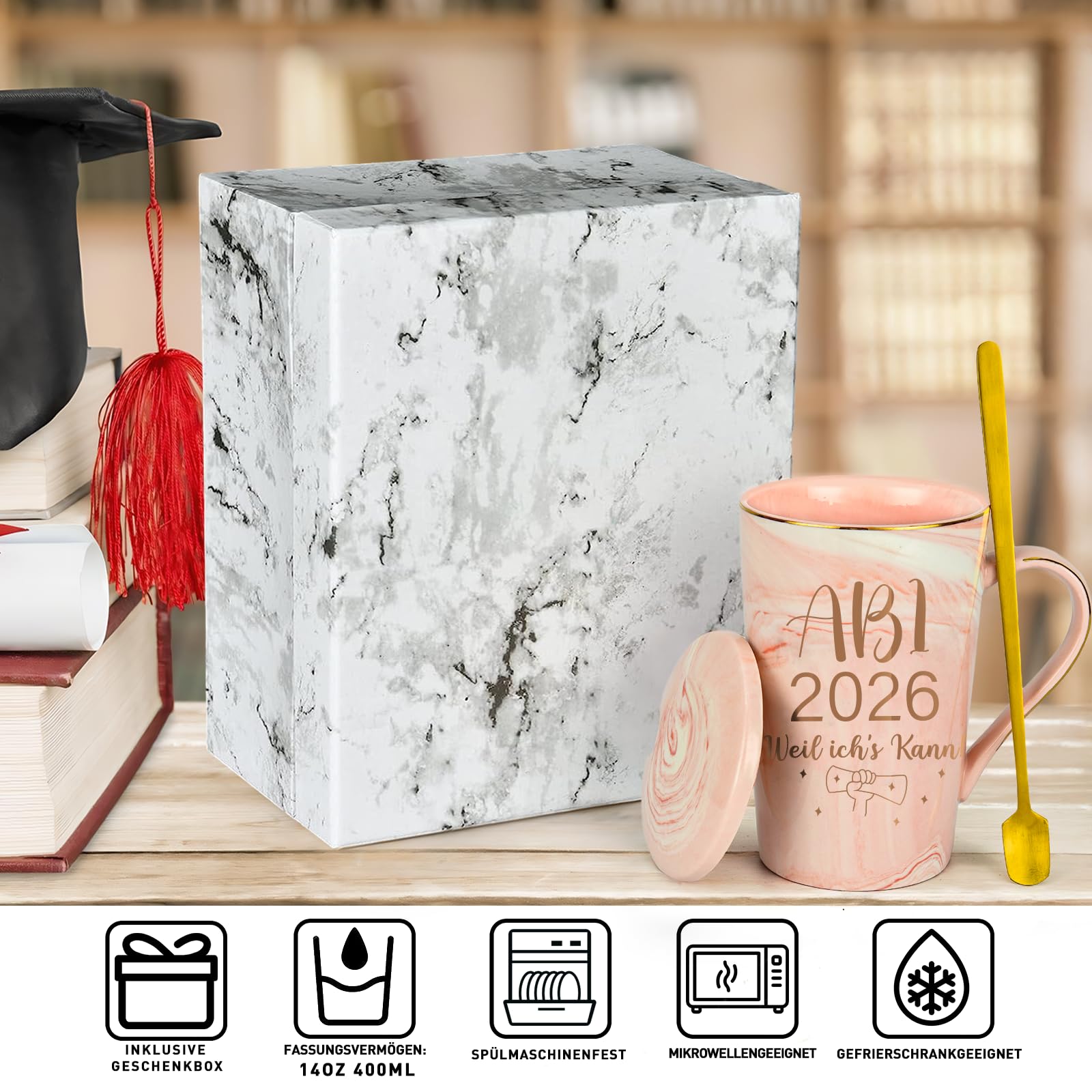 Abi 2026 Geschenke Kaffeetasse, Abitur 2026 Geschenke Mädchen, Junge, Abi 2026 Weil ich's kann Tasse, Abschluss Geschenk, 400ML Rosa Keramik Marmorbecher mit Deckel, Löffel und Geschenkbox