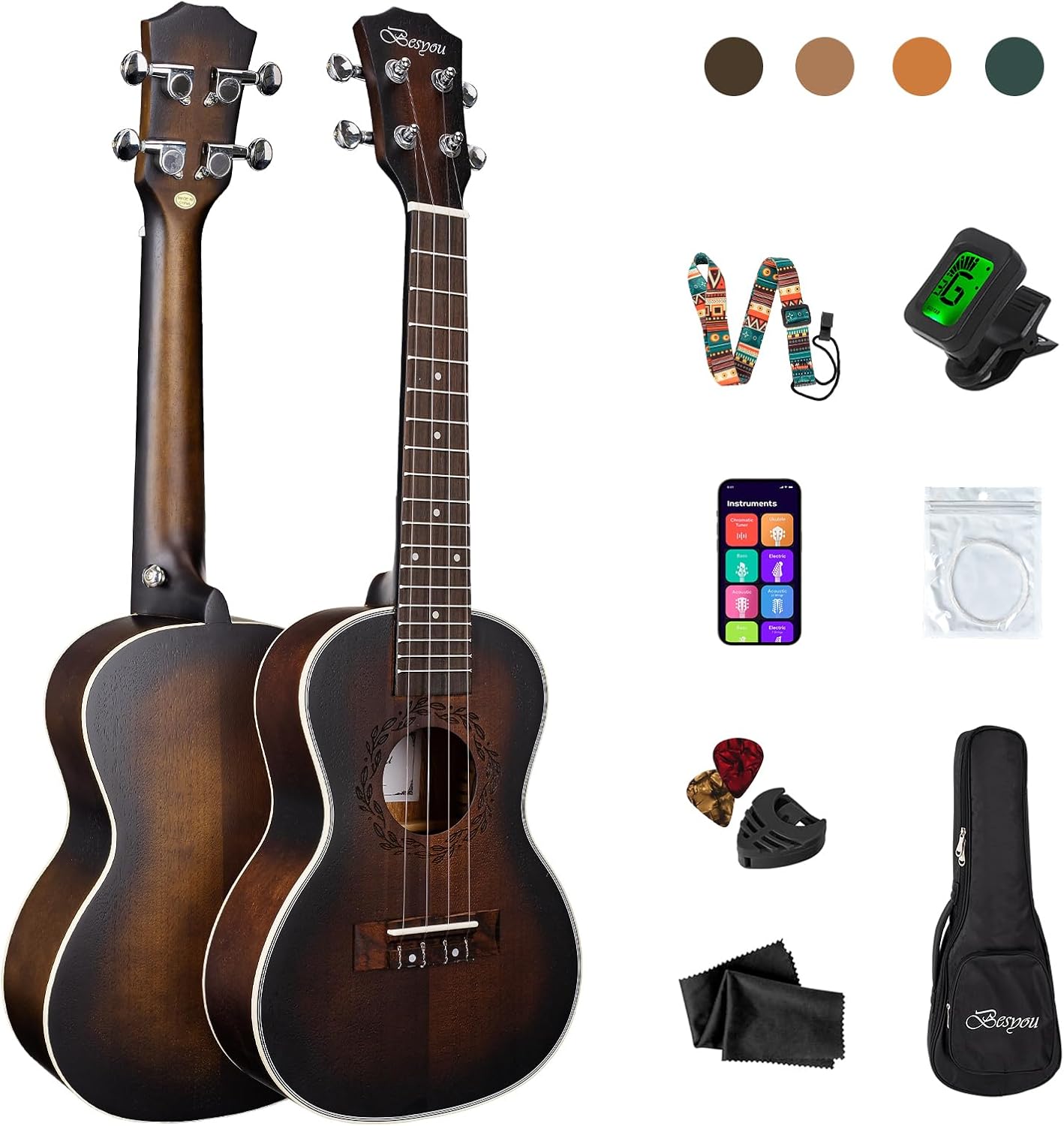 23 Inches Ukulele Beginner Kids and Adult Student Travel Mahogany Concert Ukelele Kits with Tuner Gig Bag Strap Carbon Nylon String Picks Cloth Gift Choice (Brown)