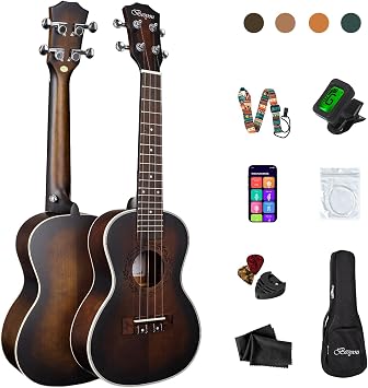 23 Inches Ukulele Beginner Kids and Adult Student Travel Mahogany Concert Ukelele Kits with Tuner Gig Bag Strap Carbon Nylon String Picks Cloth Gift Choice Brown