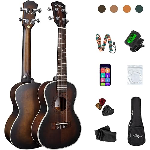 23 Inches Ukulele Beginner Kids and Adult Student Travel Mahogany Concert Ukelele Kits with Tuner Gig Bag Strap Carbon Nylon String Picks Cloth Gift Choice (Brown)