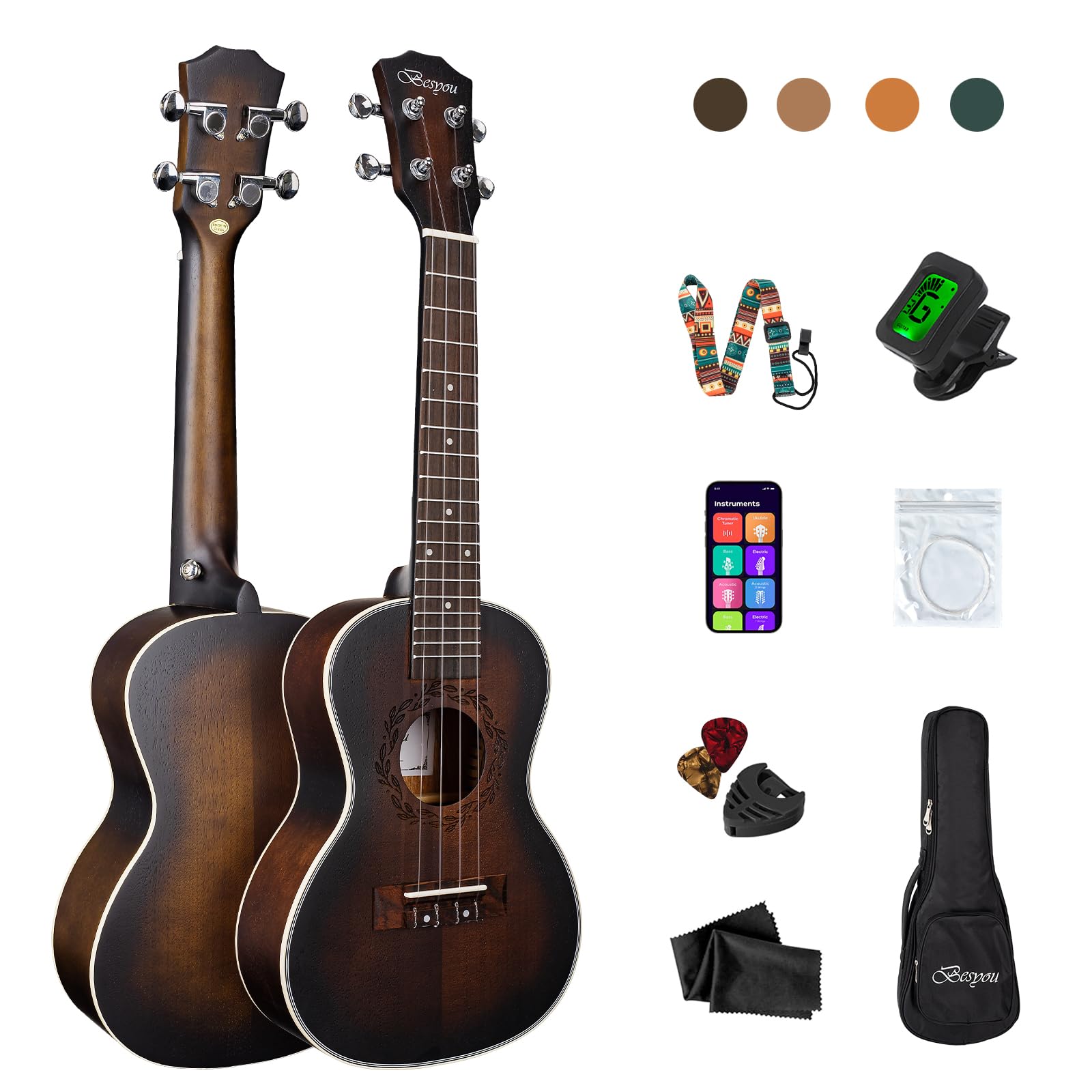 Ukulele da concerto per principianti, in mogano, con accordatore, borsa da concerto, tracolla, corda in nylon al carbonio, plettri in tessuto, scelta regalo (marrone, 23)