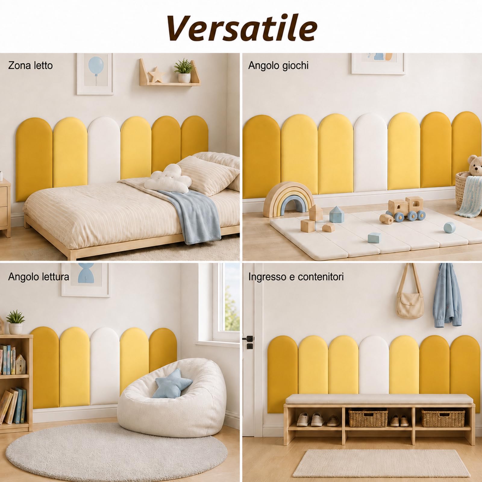 Pannelli da parete 3D, cuscinetti da parete autoadesivi, 4 pezzi, 20 x 40 cm, in poliuretano, impermeabili, per camera da letto, cameretta dei bambini (tonalità giallo)