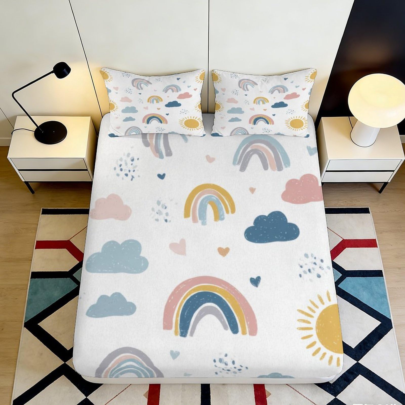 3D Printed Rainbow Cloud Fitted Sheet Microfiber Pastel Sun Mattress Cover for Bedroom Dorm Room Decor Easy Care 90x200x25cm