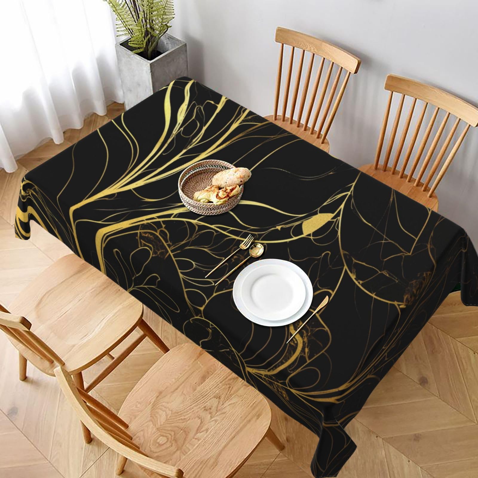 WPKJU Black and Gold Background Printed Tablecloth 60x90 in Water Resistant Table Cover Washable Rectangle Table Cloth for Dining Tables